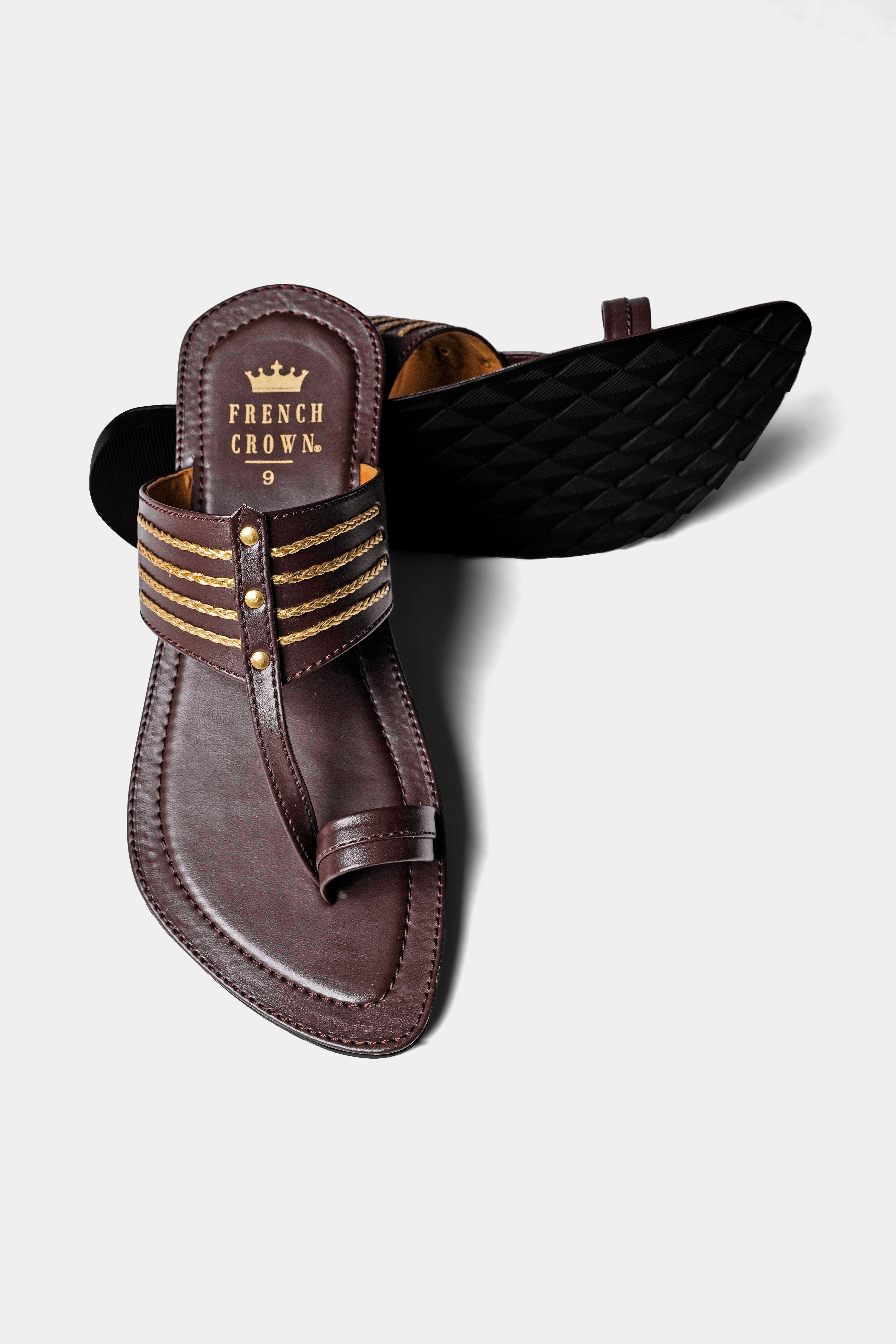 Dark Brown with Golden Stitched Vegan Leather Kolhapuri Sandal FT155-6, FT155-7, FT155-8, FT155-9, FT155-10, FT155-11