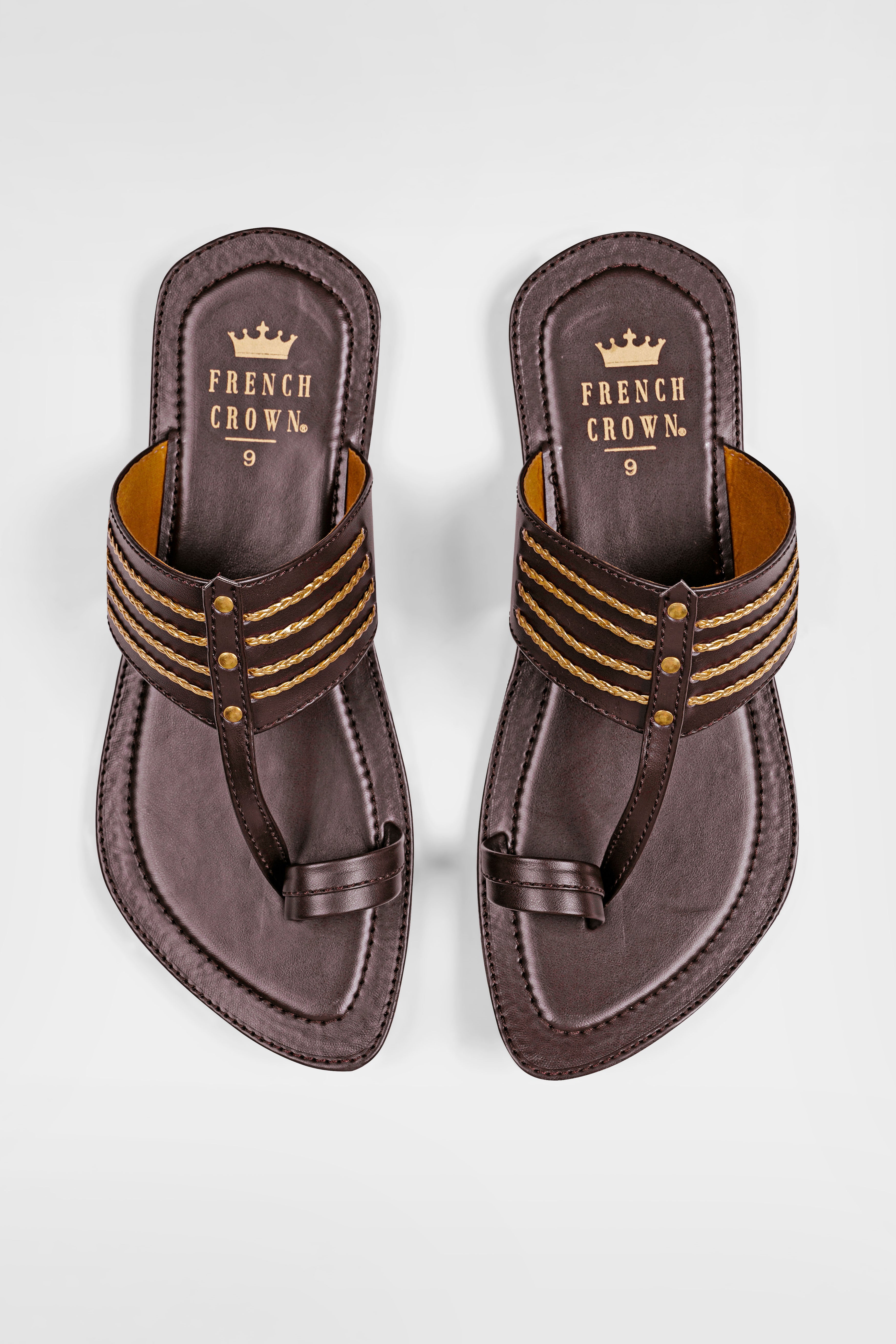Dark Brown with Golden Stitched Vegan Leather Kolhapuri Sandal FT155-6, FT155-7, FT155-8, FT155-9, FT155-10, FT155-11