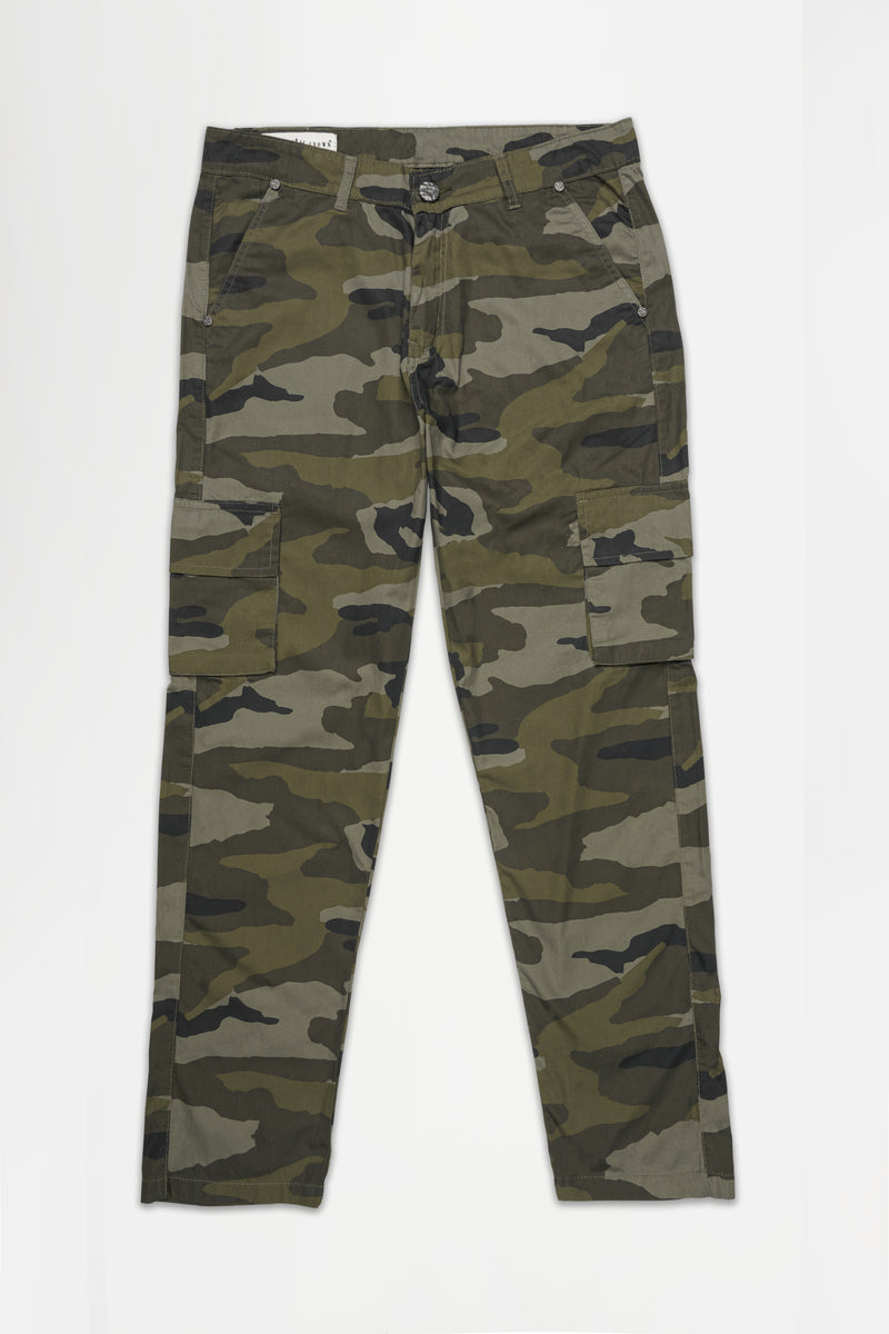Smokey Brown with Pesto Green Camouflage Cargo Denim