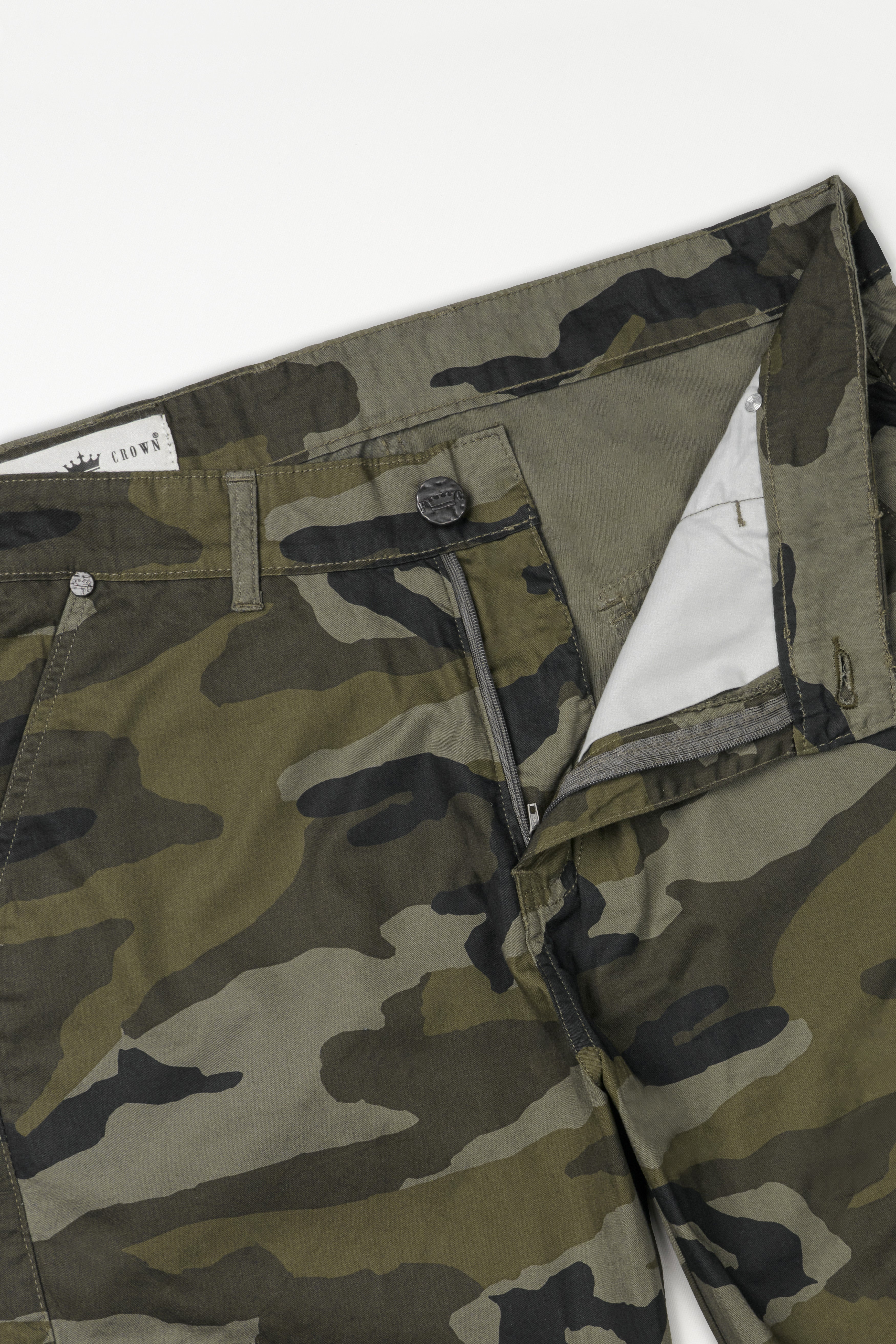 Smokey Brown with Pesto Green Camouflage Cargo Denim J244-30, J244-32, J244-34, J244-36, J244-38, J244-40