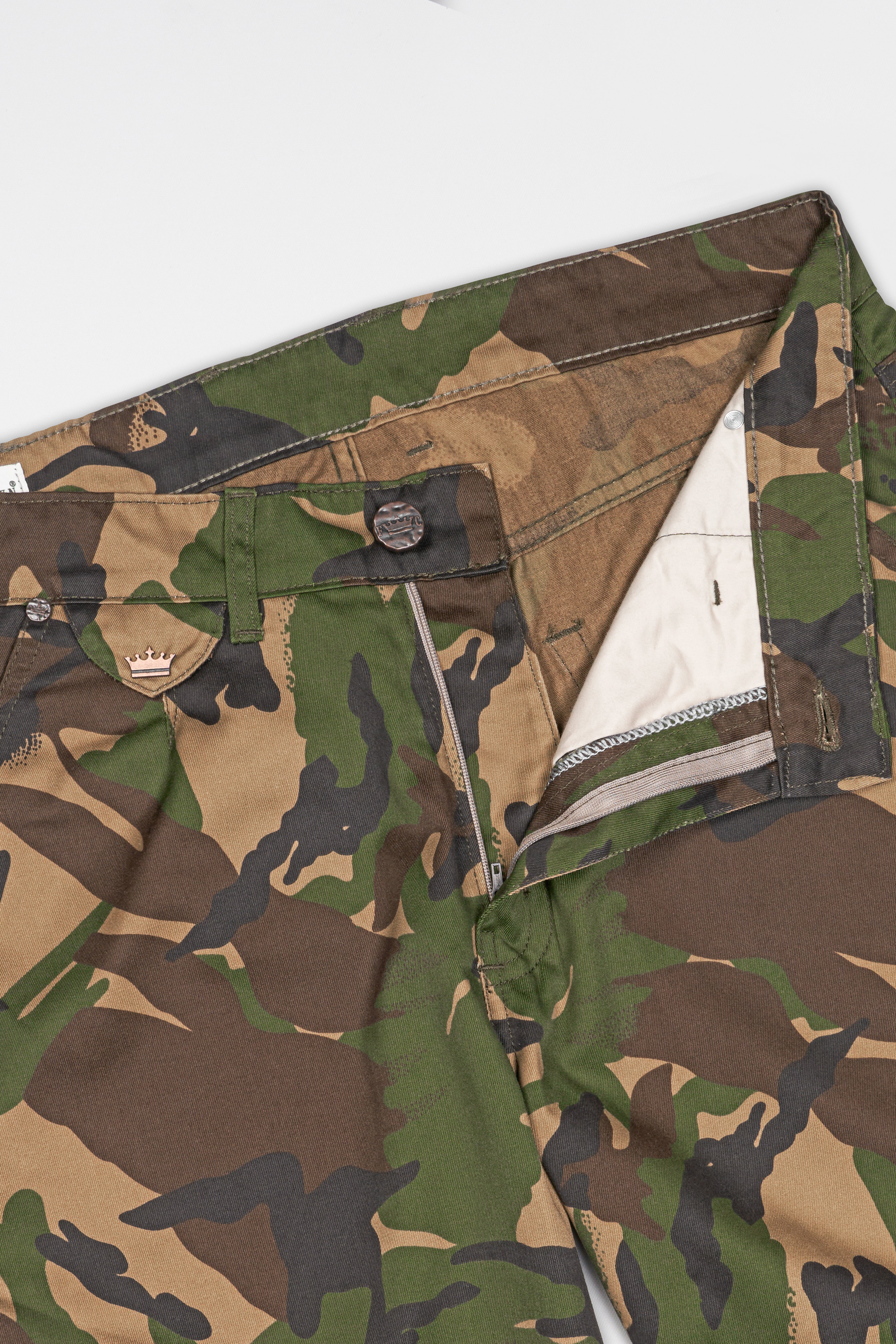 Taupe Brown with Verdun Green Camouflage Printed Denim J246-30, J246-32, J246-34, J246-36, J246-38, J246-40