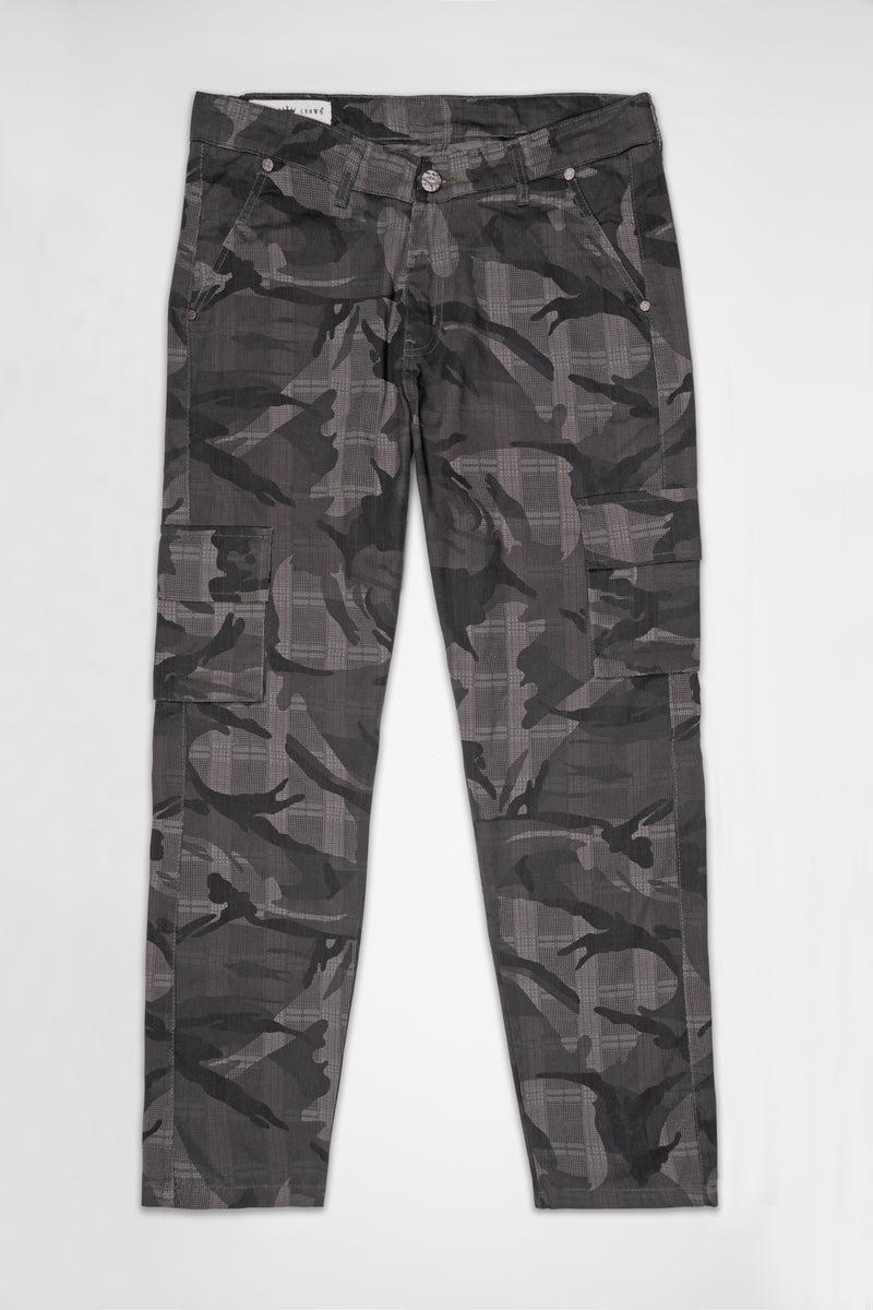 Ironside Gray with Thunder Black Checkered with Camouflage Printed Cargo Denim