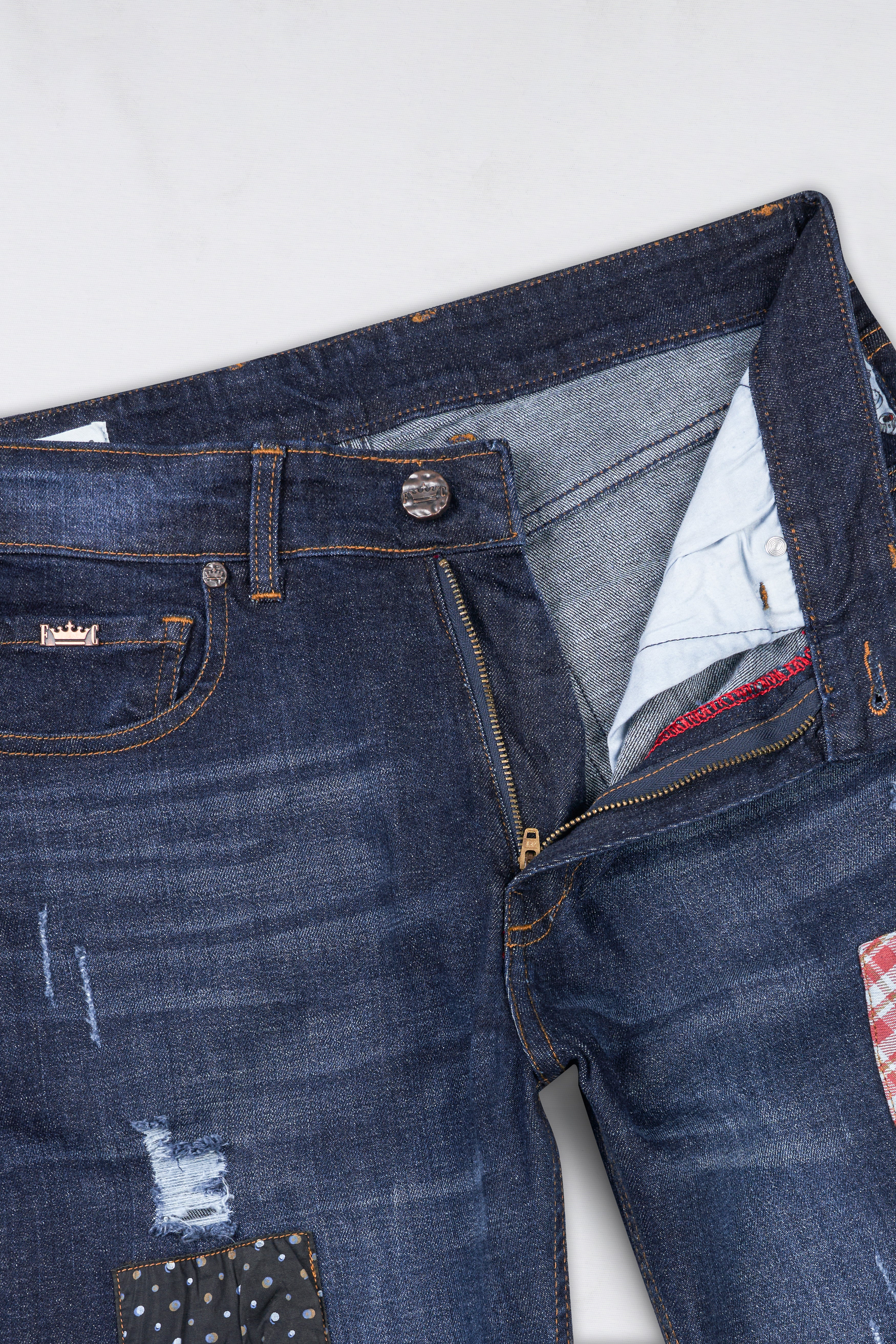 Gunmetal Blue Mildly Distressed Patch Work Whiskering Wash Stretchable Denim J257-30, J257-32, J257-34, J257-36, J257-38, J257-40