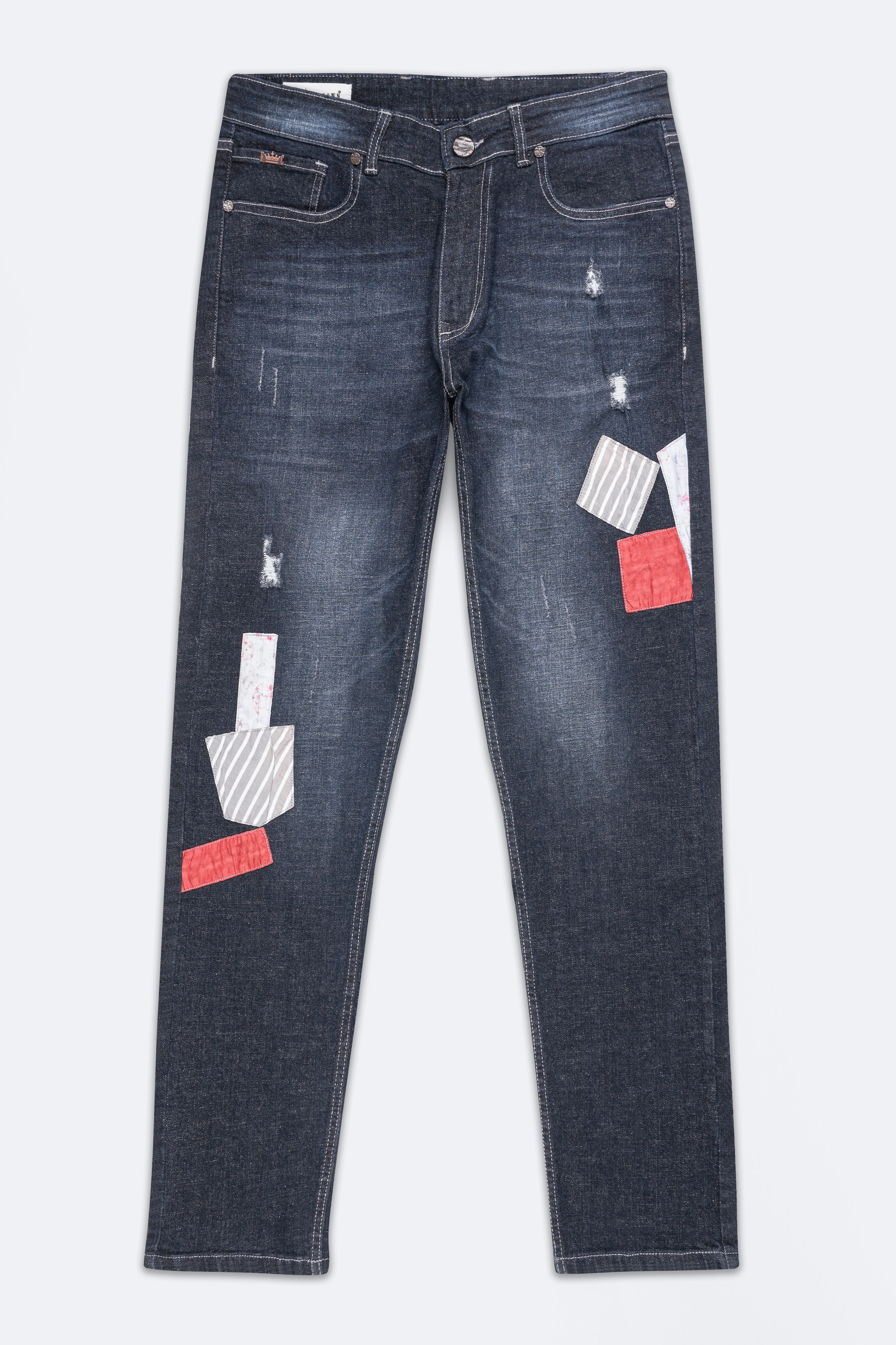 Thunder Black Mildly Distressed Patch Work Whiskering Wash Stretchable Denim J258-30, J258-32, J258-34, J258-36, J258-38, J258-40