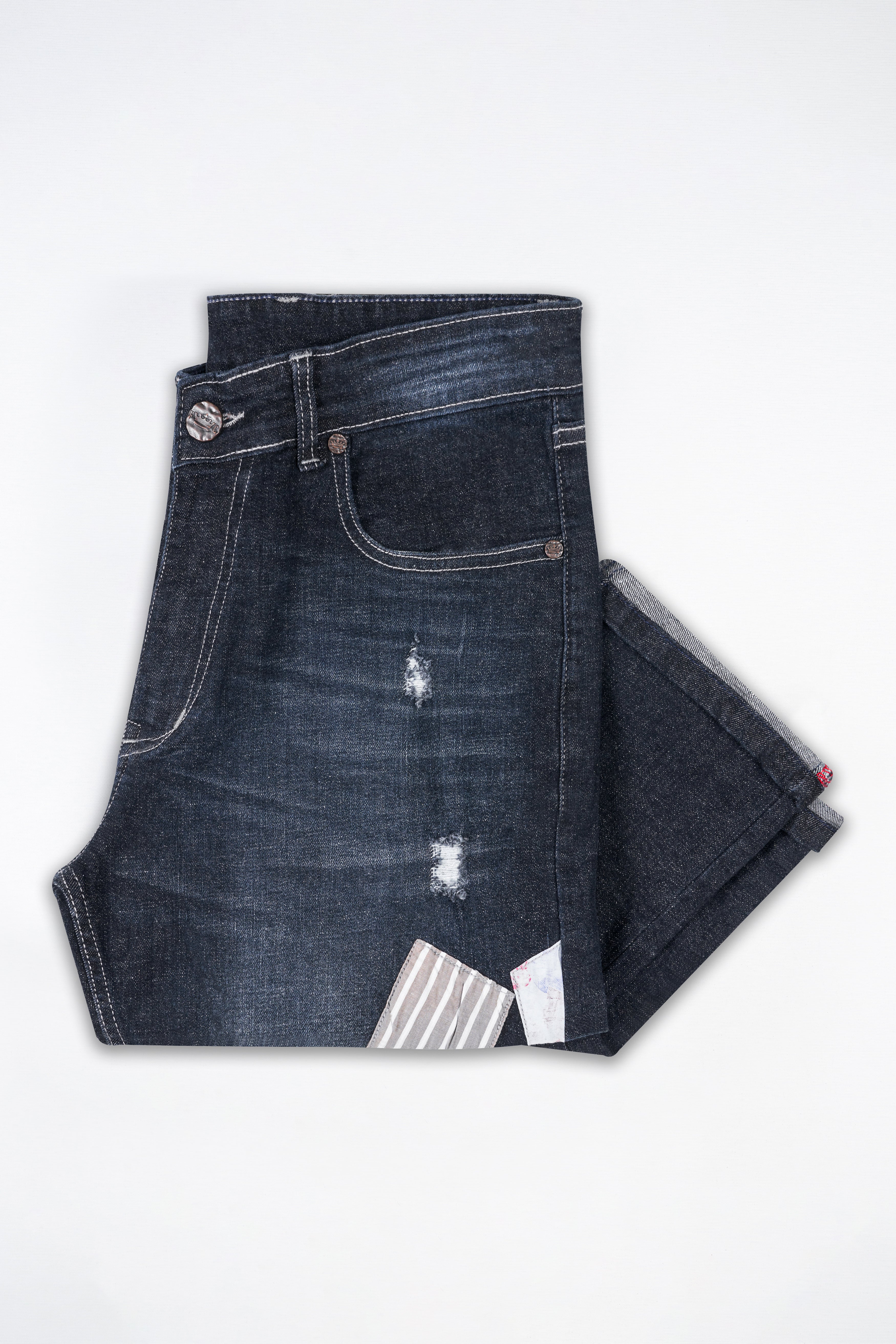 Thunder Black Mildly Distressed Patch Work Whiskering Wash Stretchable Denim J258-30, J258-32, J258-34, J258-36, J258-38, J258-40