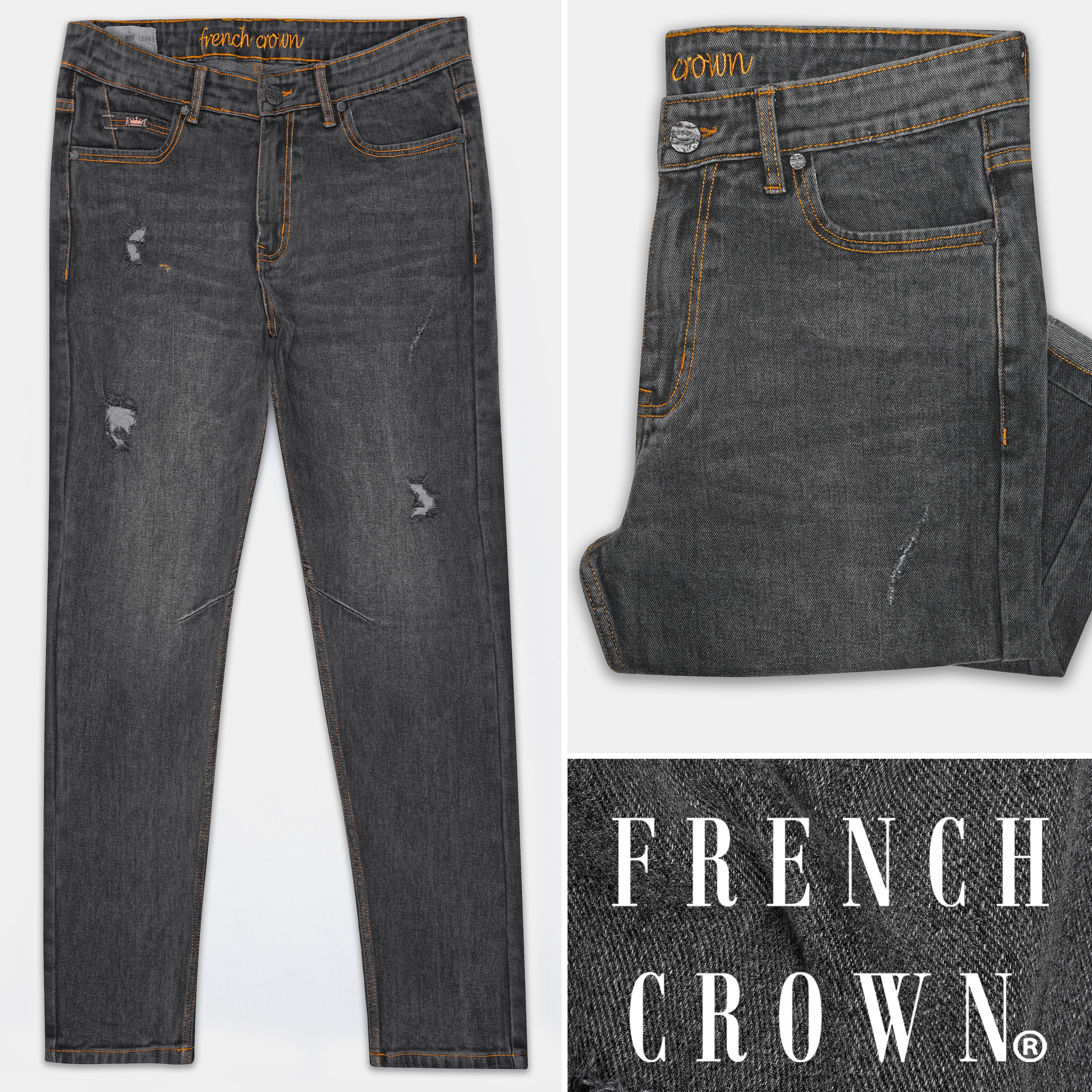 【OJOS】Crack Washed Denim Pants Charcoal OJOS | Crack Washed Denim Pants - 빈티지 크랙 워싱 데님