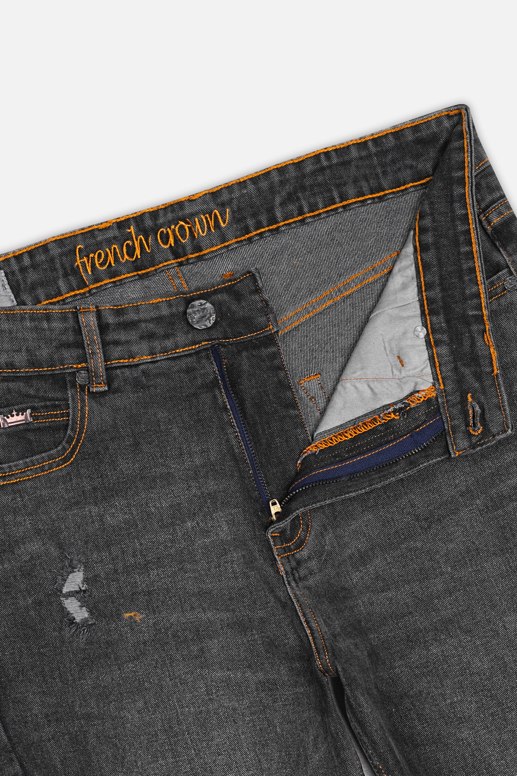 Charcoal Gray Whiskering Wash Mildly Distressed Stretchable Denim