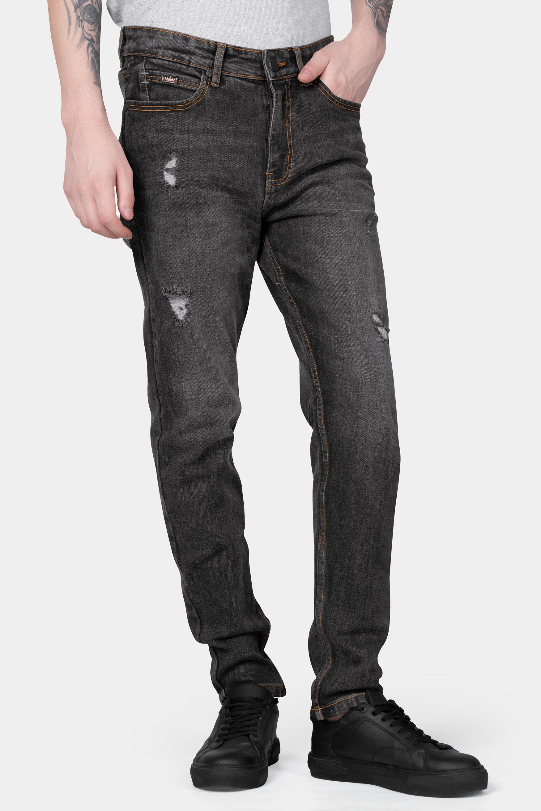 Charcoal Gray Whiskering Wash Mildly Distressed Stretchable Denim