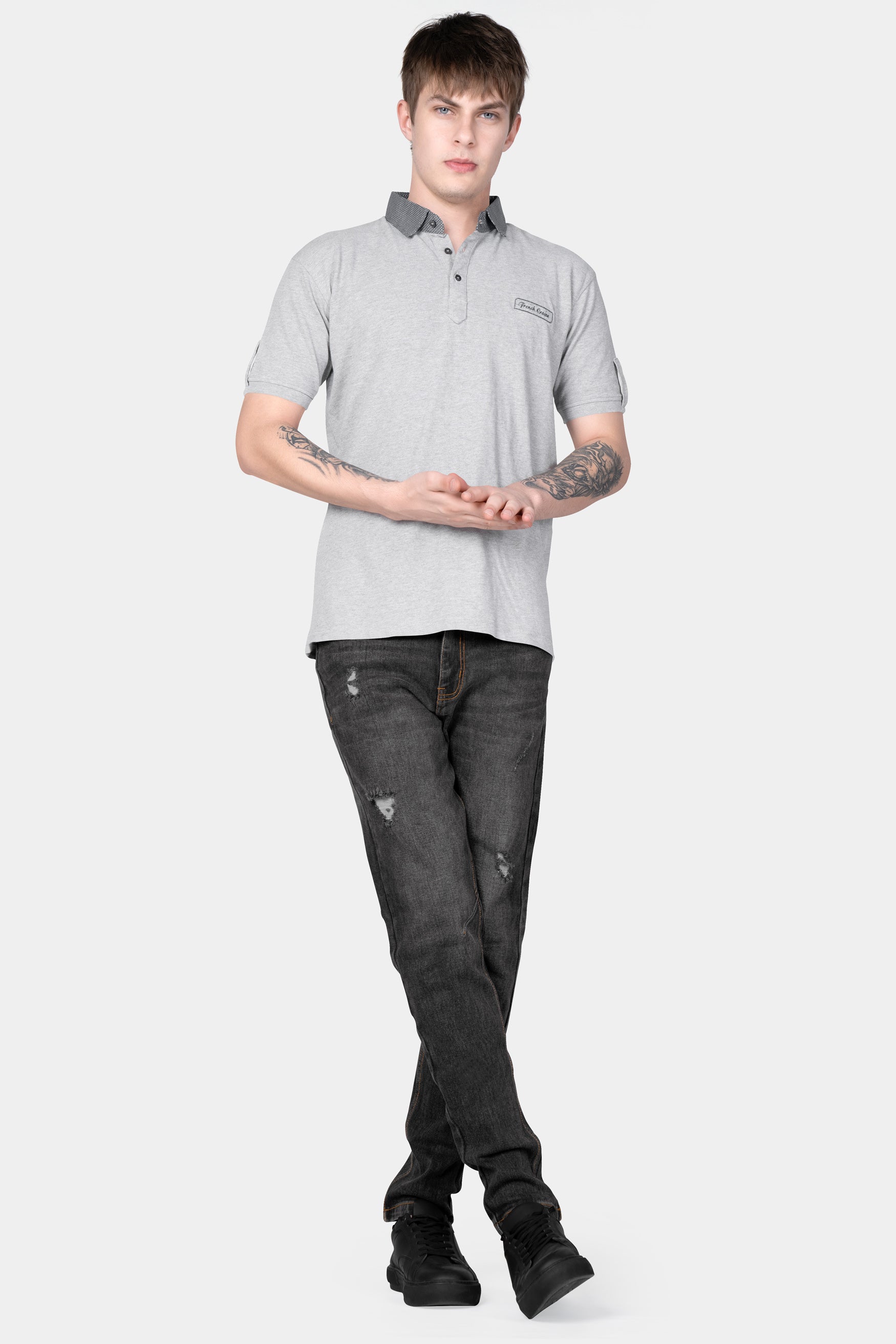 Charcoal Gray Whiskering Wash Mildly Distressed Stretchable Denim