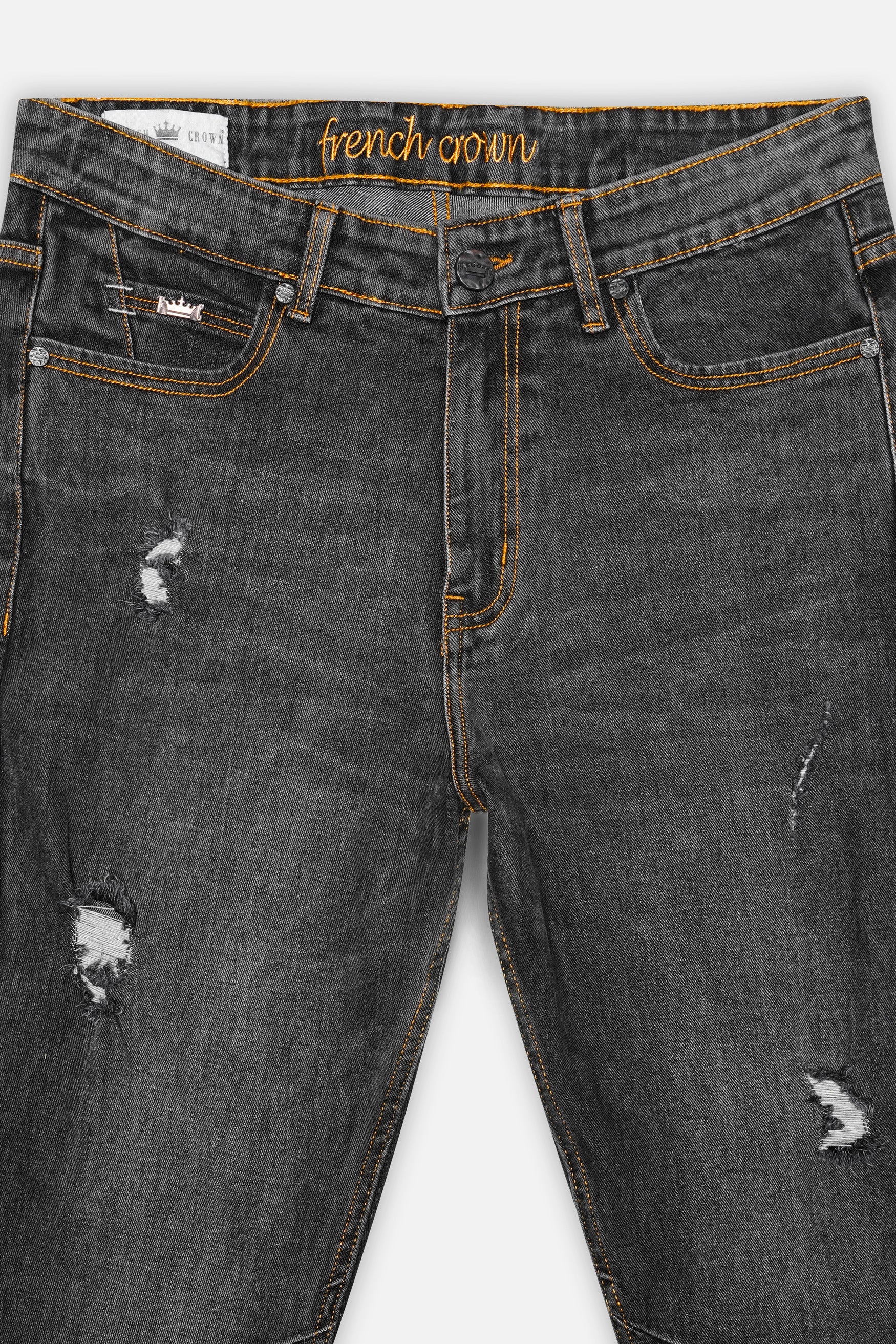 Charcoal Gray Whiskering Wash Mildly Distressed Stretchable Denim