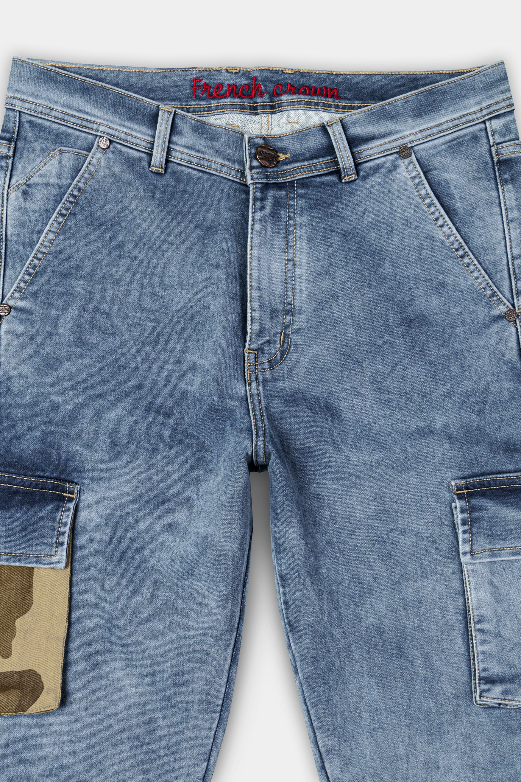 Cyan Blue with Camouflage Cargo Pocket Designer Stretchable Denim