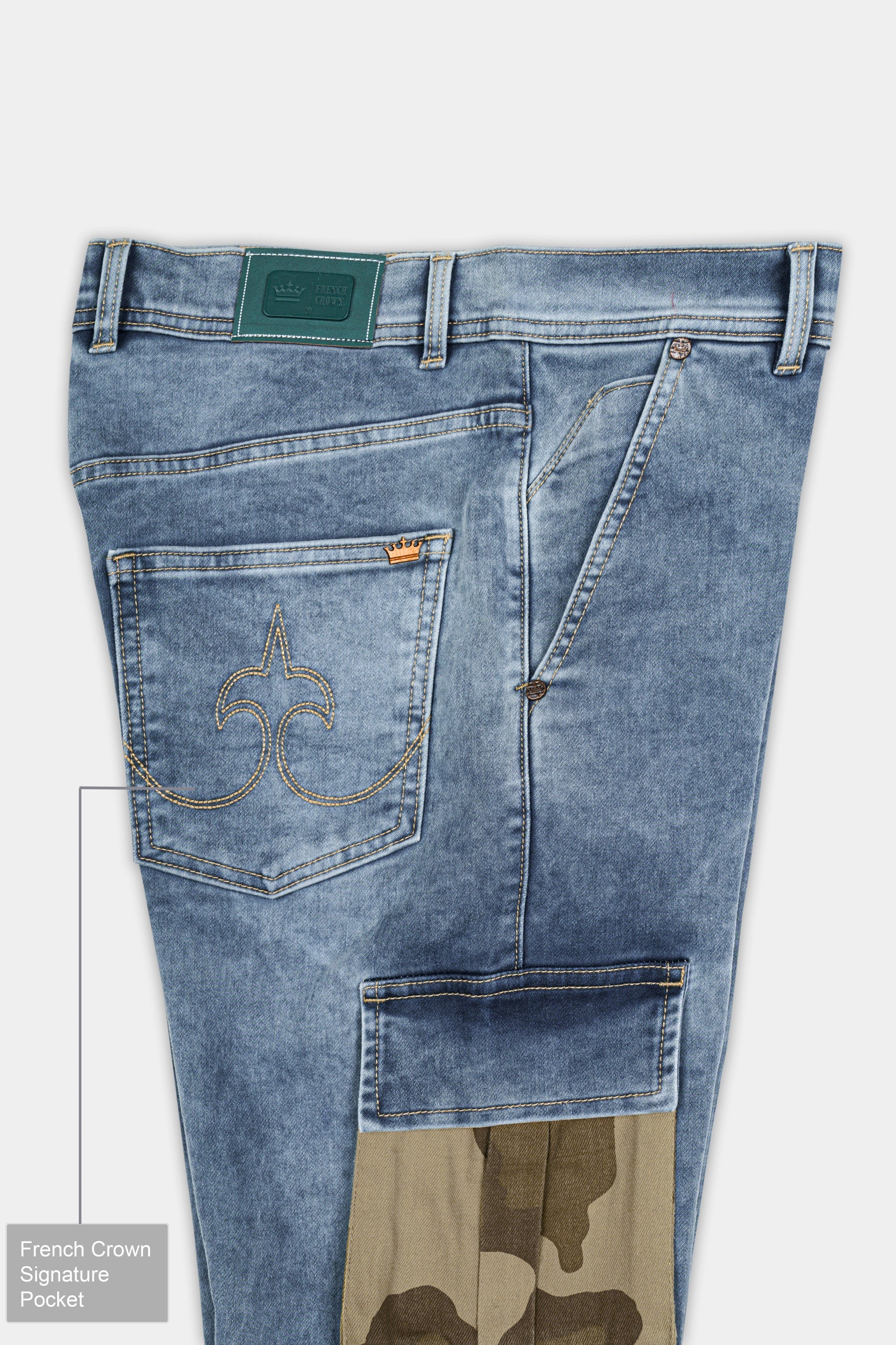 Cyan Blue with Camouflage Cargo Pocket Designer Stretchable Denim