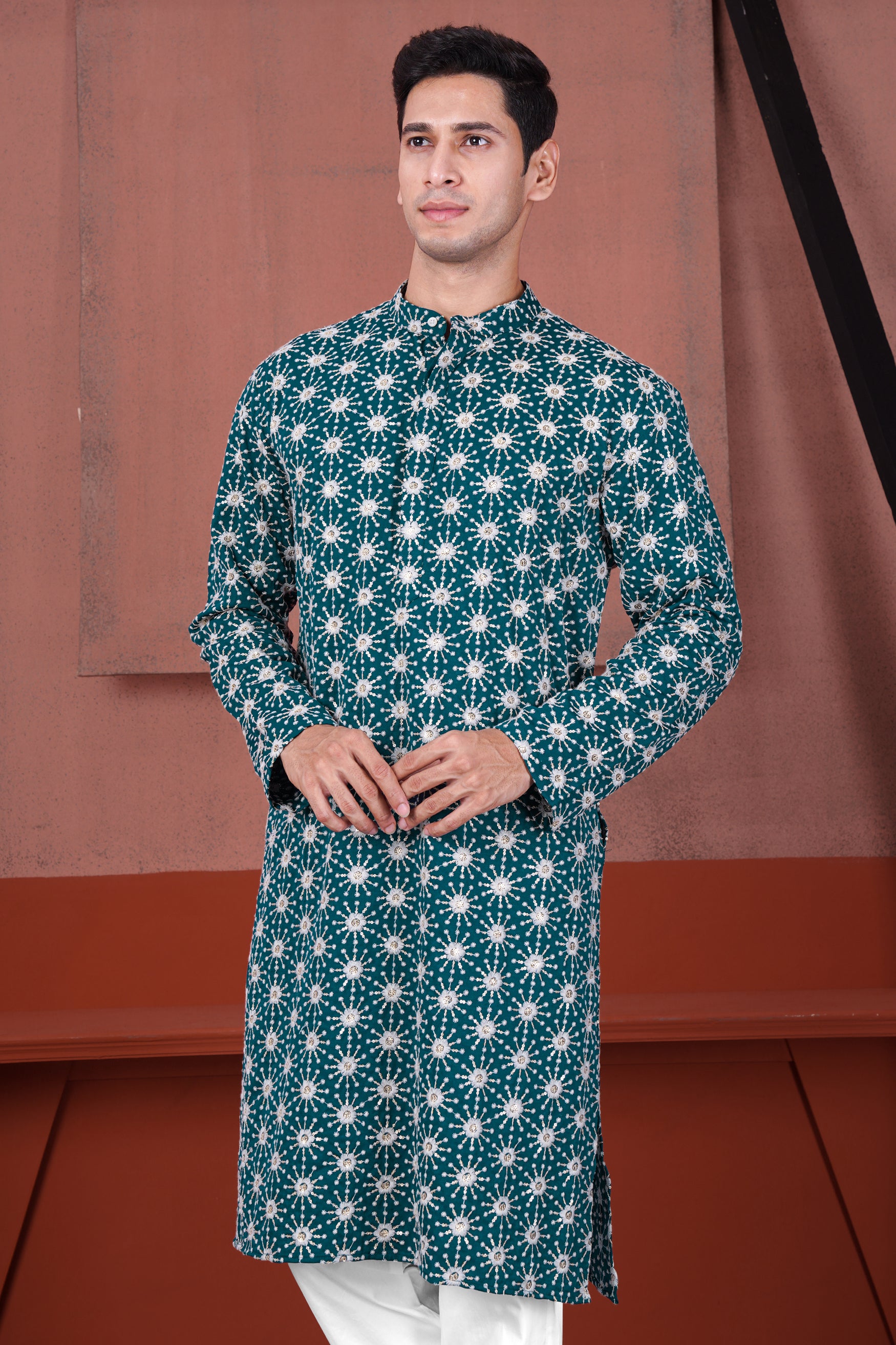 Sherpa Blue and Bright White Floral Embroidered with Sequin Work Viscose Designer Kurta