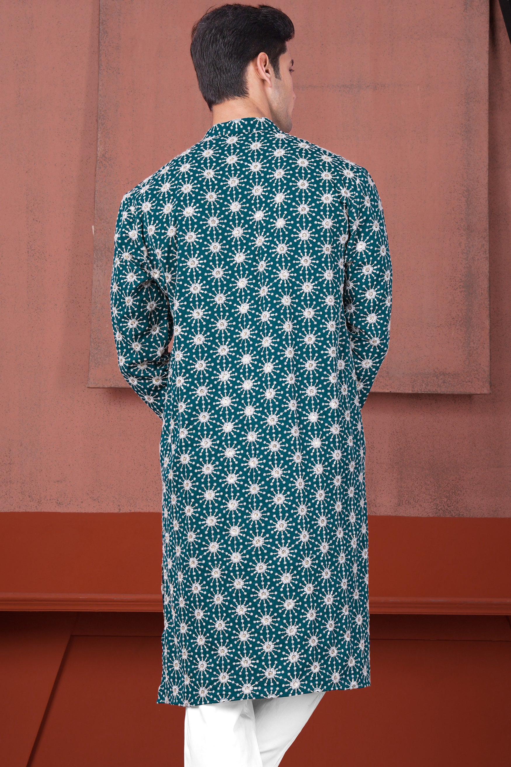 Sherpa Blue and Bright White Floral Embroidered with Sequin Work Viscose Designer Kurta