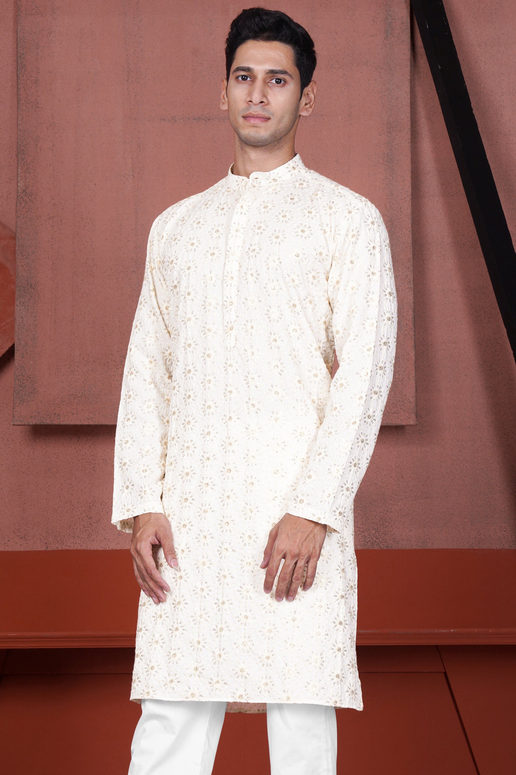 Parchment Cream Embroidered Viscose Designer Kurta K146-38, K146-39, K146-40, K146-42, K146-44, K146-46, K146-48, K146-50, K146-52