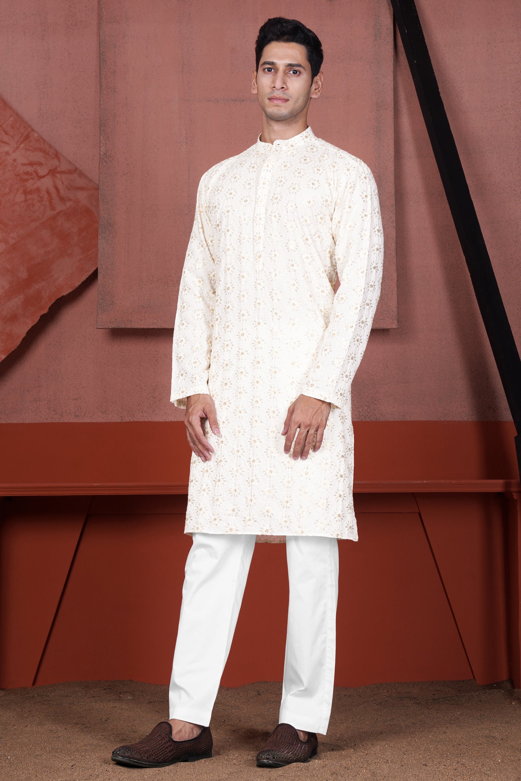 Parchment Cream Embroidered Viscose Designer Kurta K146-38, K146-39, K146-40, K146-42, K146-44, K146-46, K146-48, K146-50, K146-52