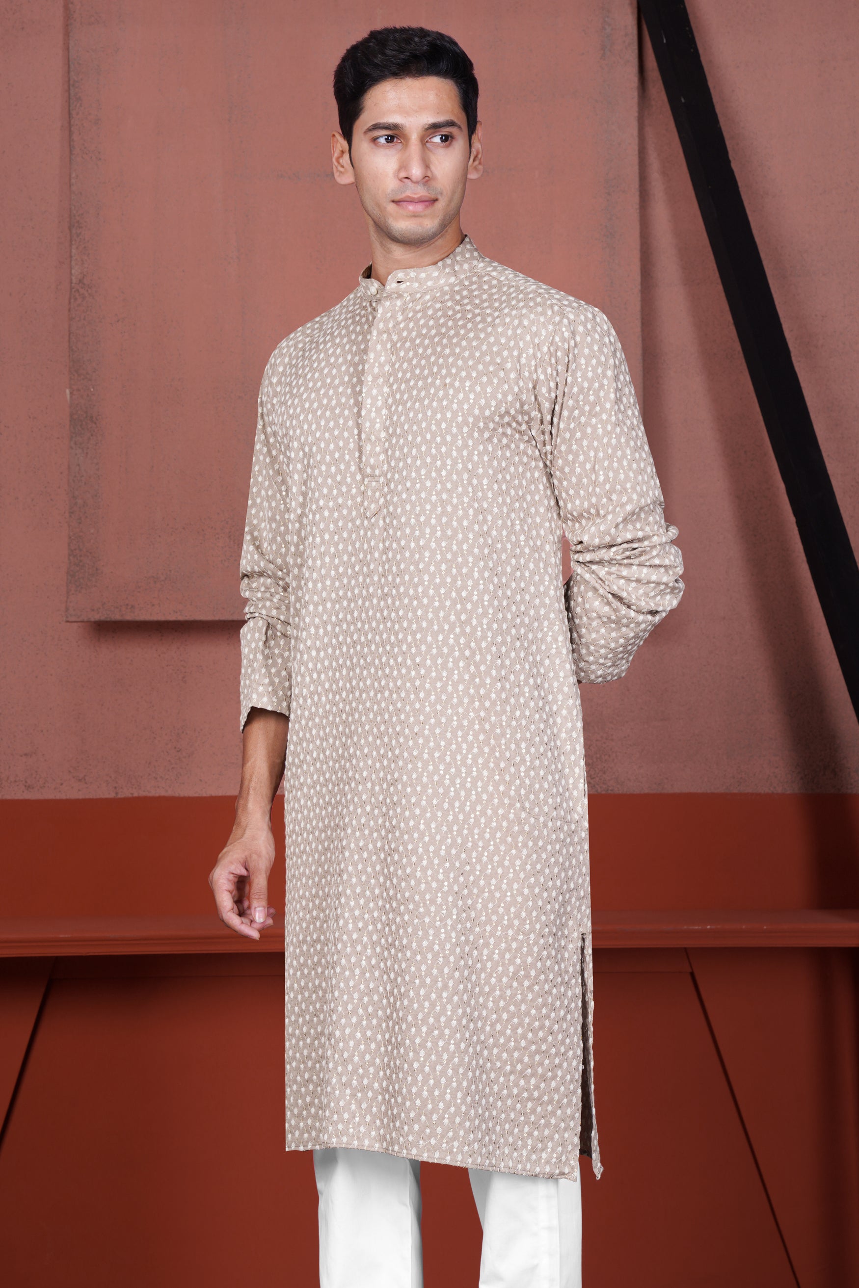 Clam Shell Brown Embroidered Viscose Designer Kurta