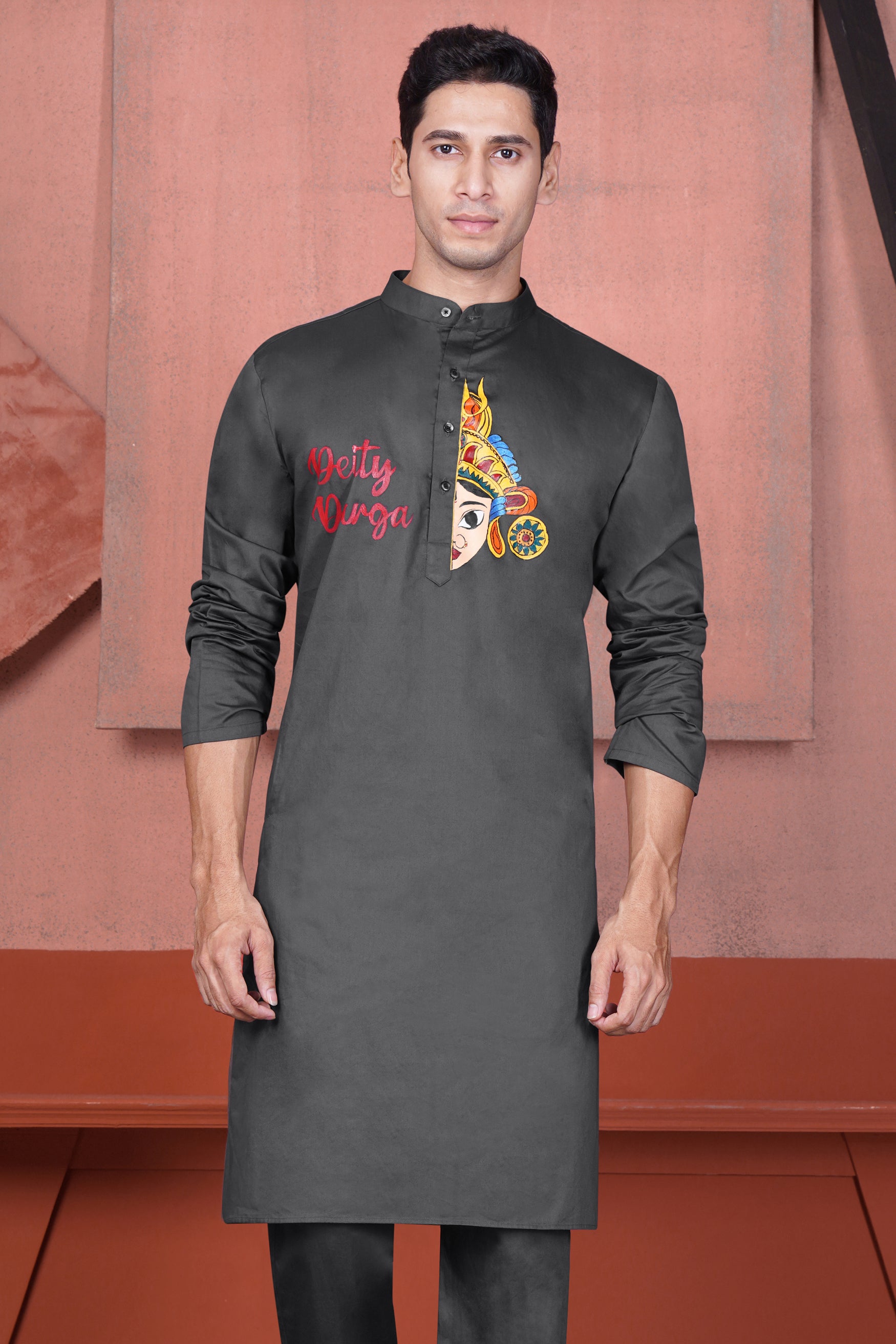 Iridium Gray Deity Durga Hand Painted Subtle Sheen Super Soft Premium Cotton Designer Kurta