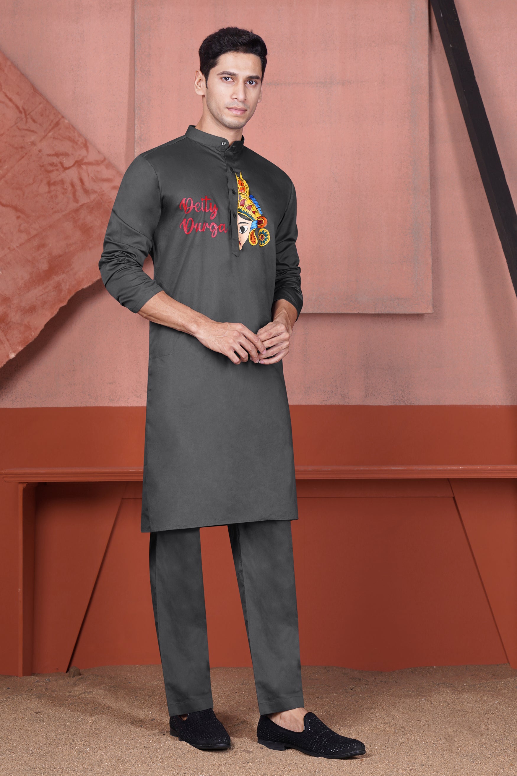 Iridium Gray Deity Durga Hand Painted Subtle Sheen Super Soft Premium Cotton Designer Kurta