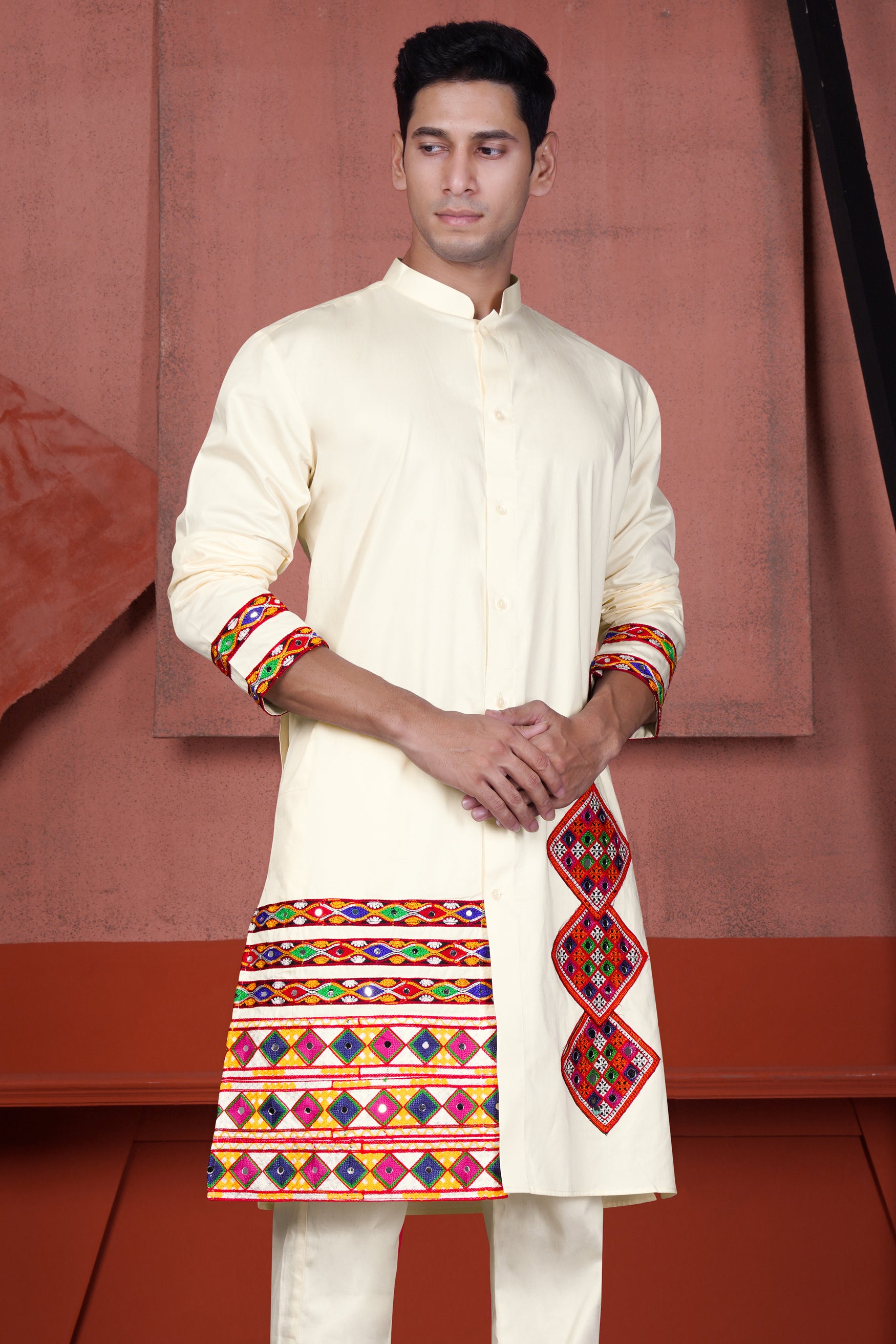 Wheatfield Cream Kutch Work Patches with Mirror Work Subtle Sheen Super Soft Premium Designer Kurta