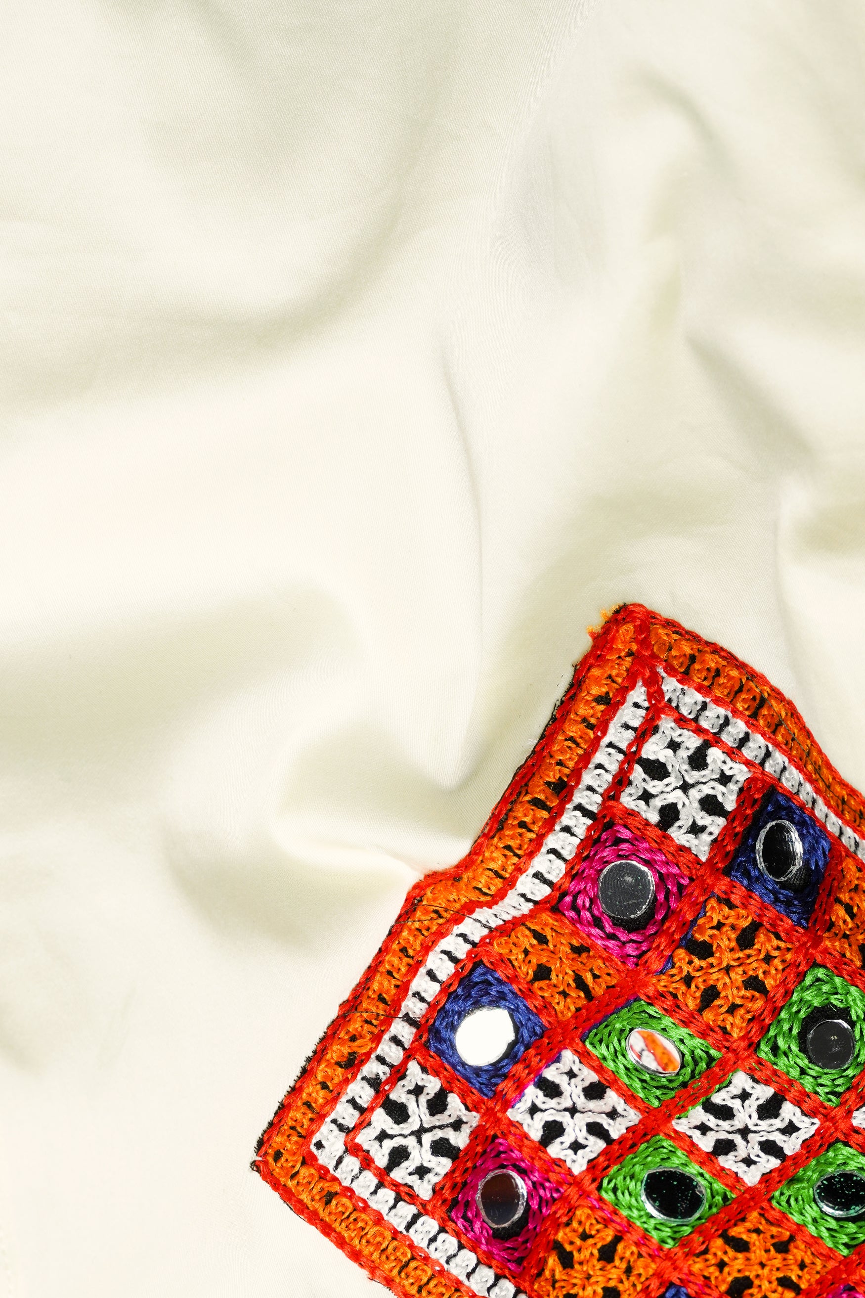 Wheatfield Cream Kutch Work Patches with Mirror Work Subtle Sheen Super Soft Premium Designer Kurta