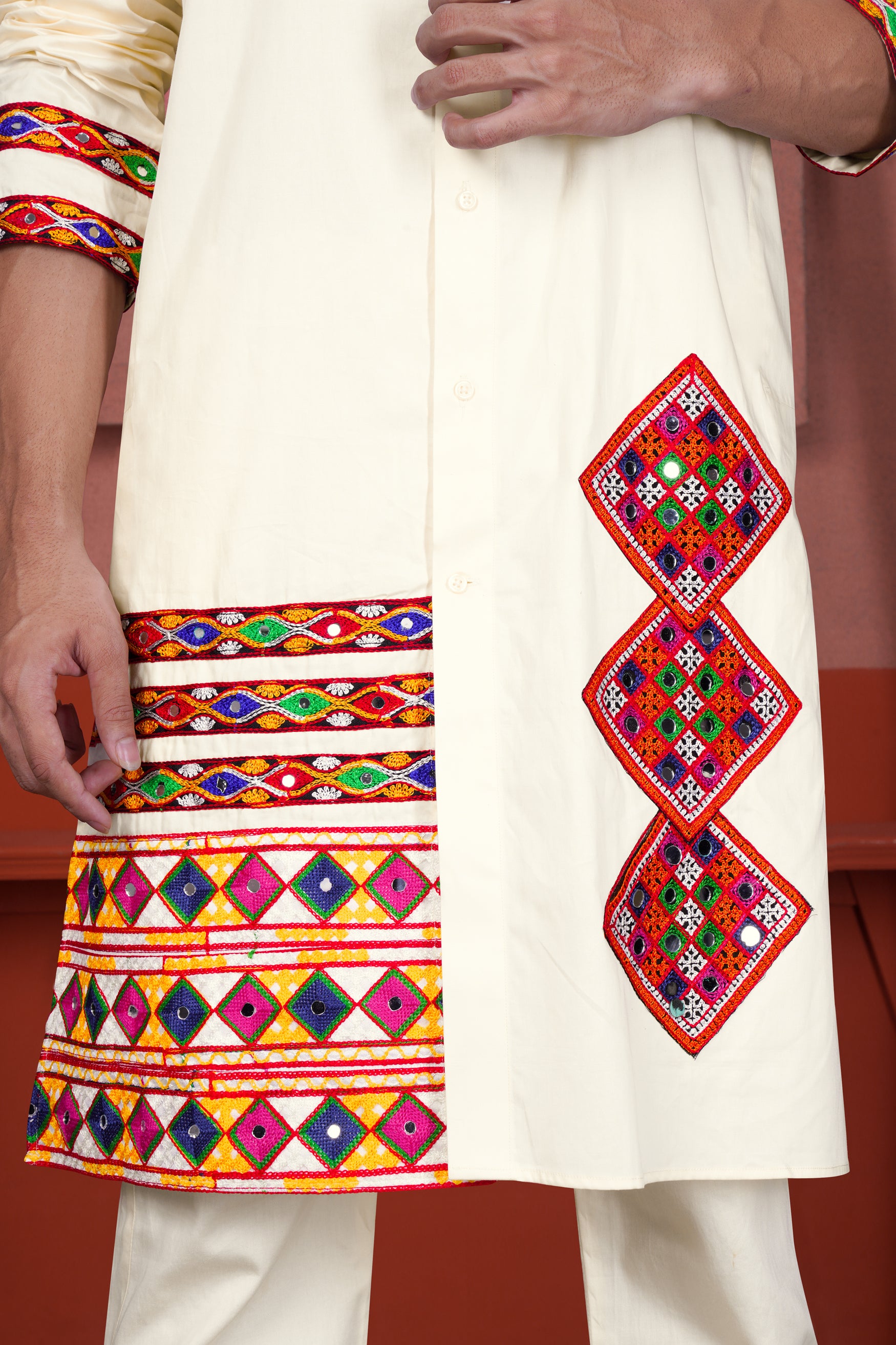 Wheatfield Cream Kutch Work Patches with Mirror Work Subtle Sheen Super Soft Premium Designer Kurta