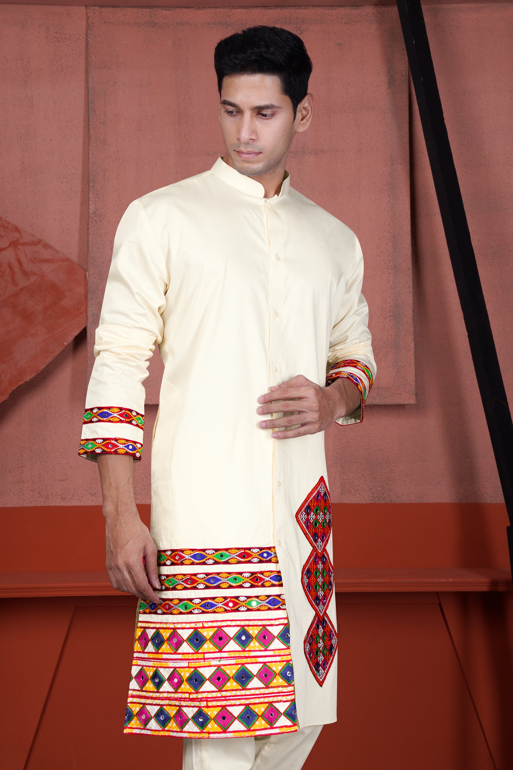 Wheatfield Cream Kutch Work Patches with Mirror Work Subtle Sheen Super Soft Premium Designer Kurta