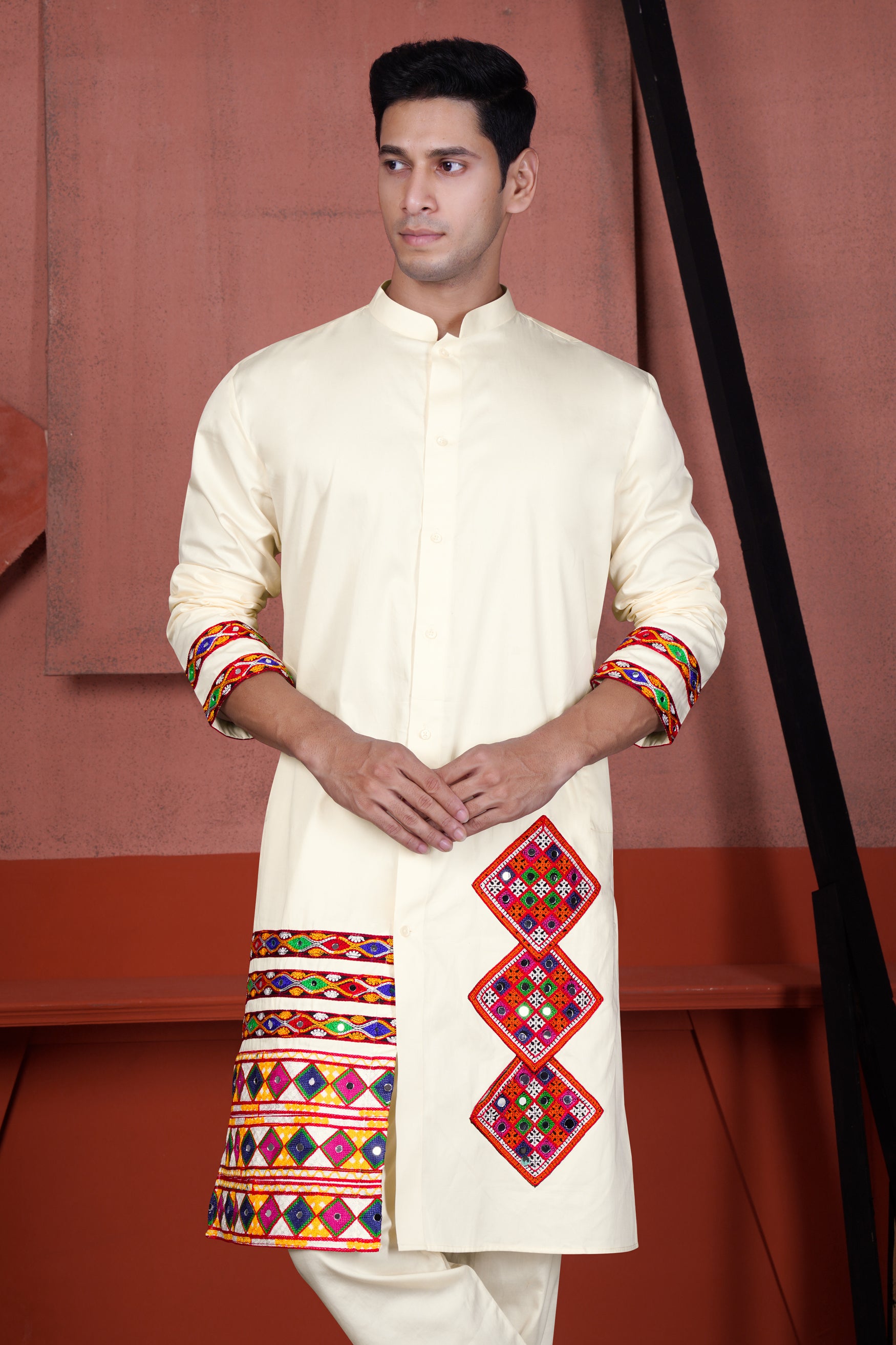 Wheatfield Cream Kutch Work Patches with Mirror Work Subtle Sheen Super Soft Premium Designer Kurta