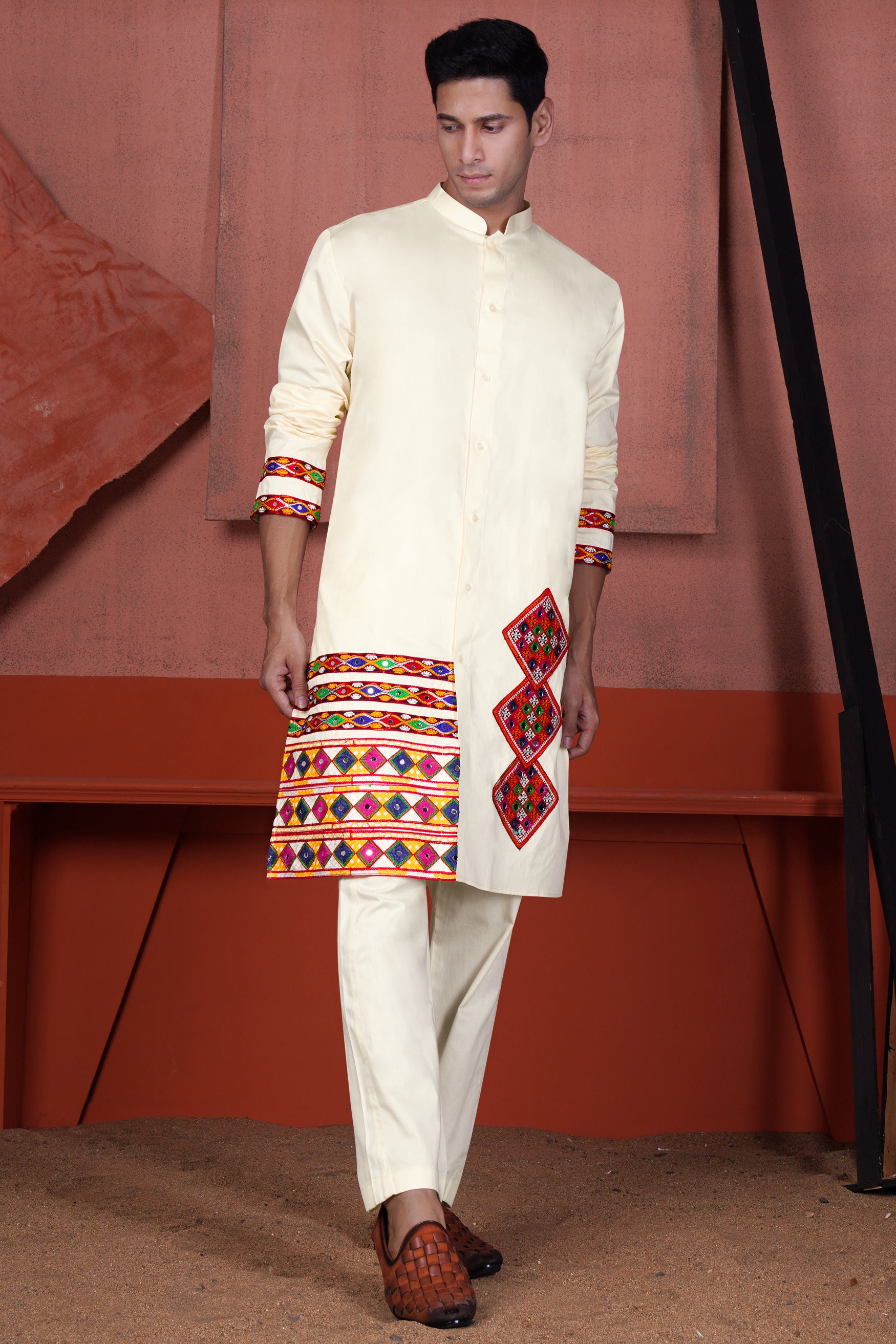 Wheatfield Cream Kutch Work Patches with Mirror Work Subtle Sheen Super Soft Premium Designer Kurta