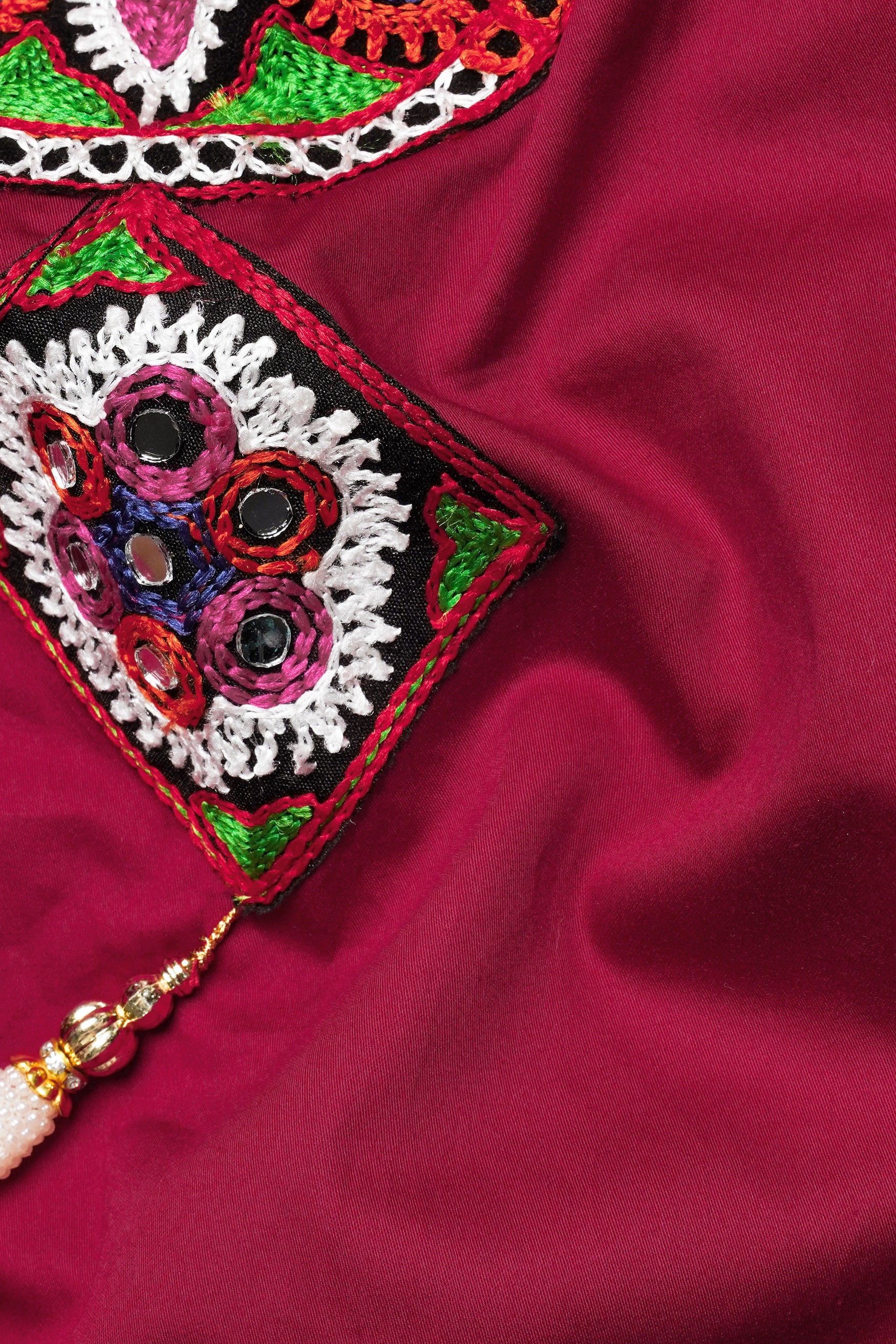 Vivid Auburn Red Multicolour Kutch Work Patches with Mirror Work Subtle Sheen Super Soft Premium Cotton Designer Kurta