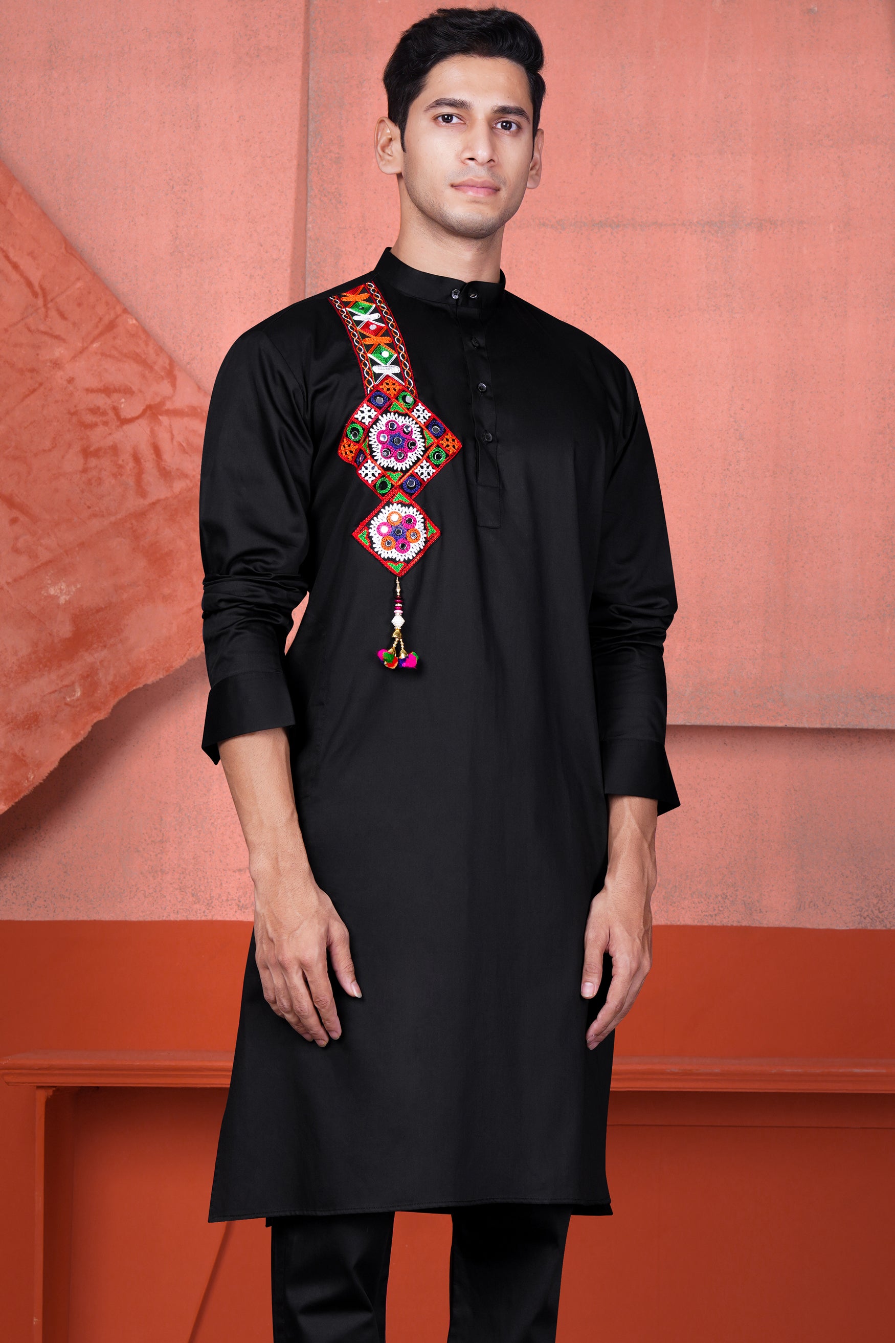 Jade Black Multicolour Kutch Work Patches with Mirror Work Subtle Sheen Super Soft Premium Cotton Designer Kurta