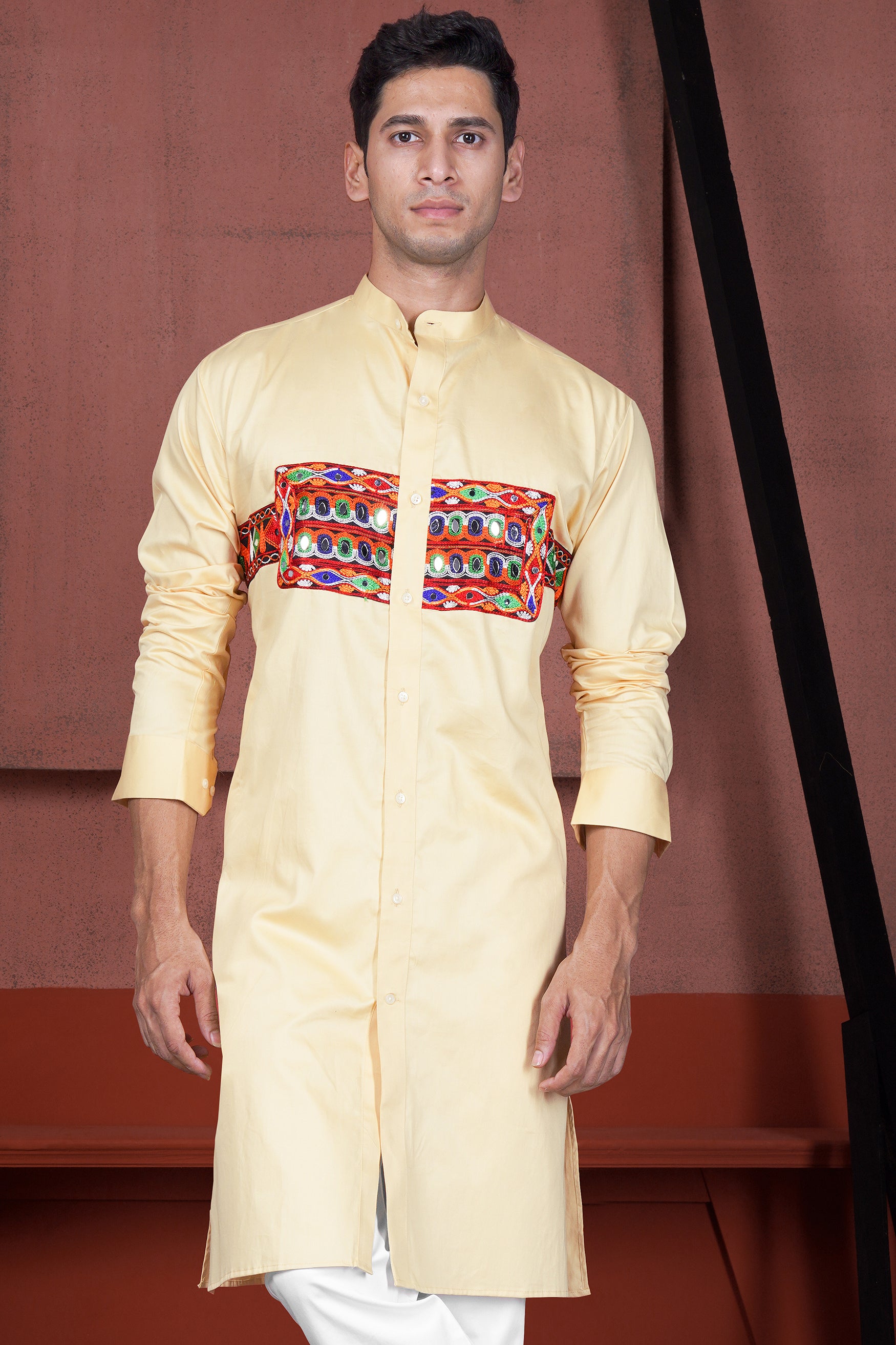 Chamois Beige Horizontal Kutch Work Patches with Mirror Work Subtle Sheen Super Soft Premium Cotton Designer Kurta