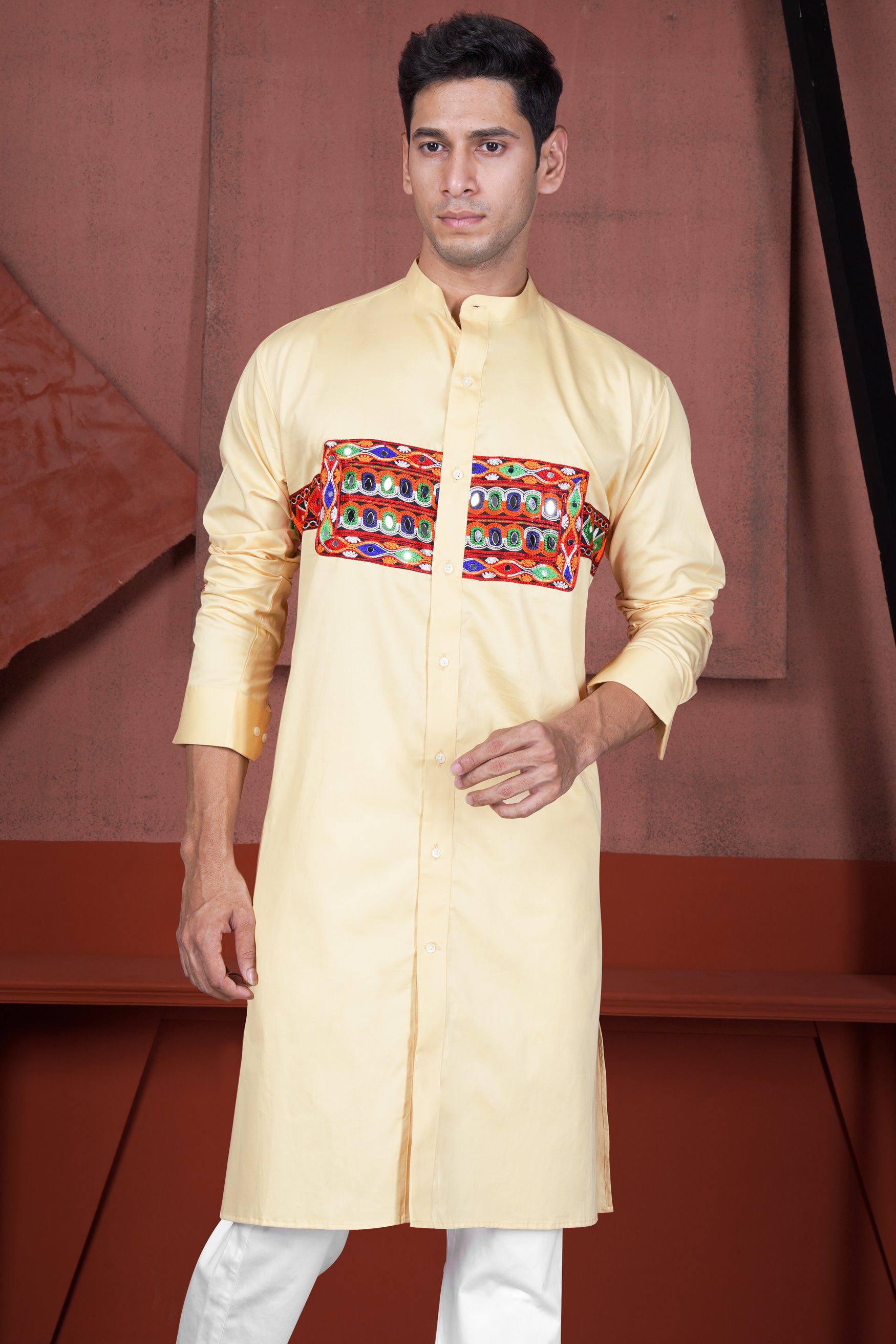 Chamois Beige Horizontal Kutch Work Patches with Mirror Work Subtle Sheen Super Soft Premium Cotton Designer Kurta
