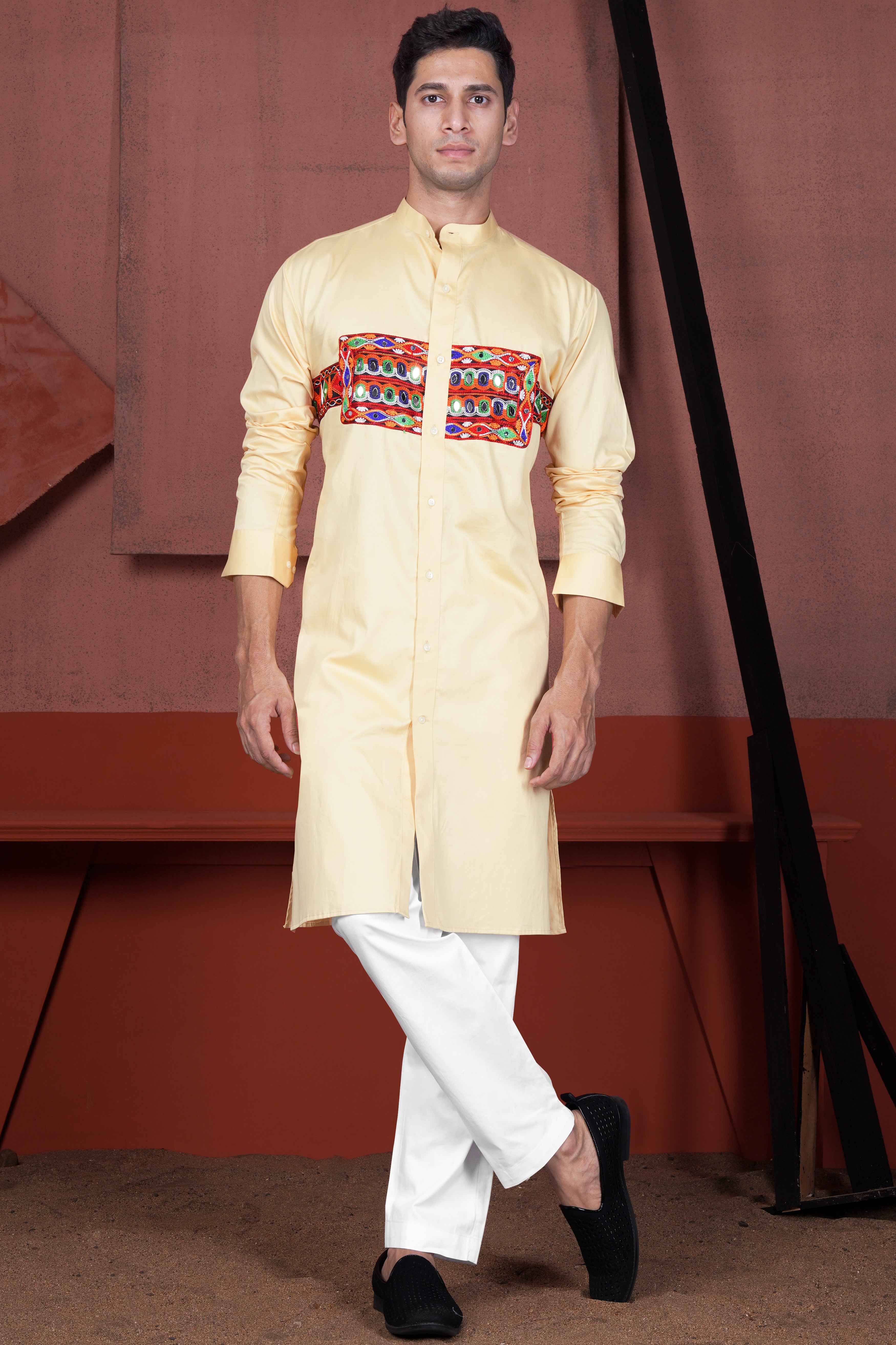 Chamois Beige Horizontal Kutch Work Patches with Mirror Work Subtle Sheen Super Soft Premium Cotton Designer Kurta