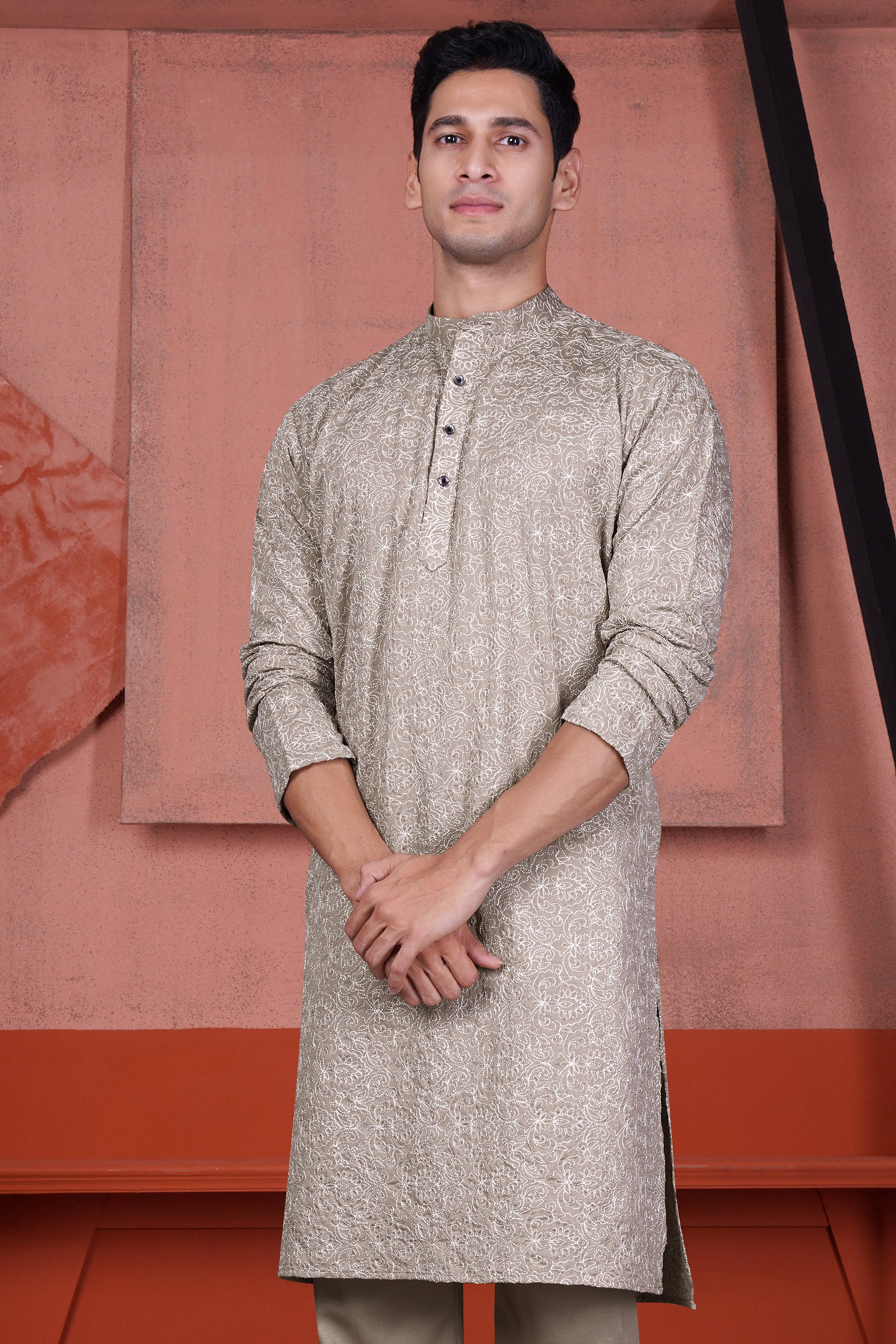 Dawn Brown Floral Cotton Thread Embroidered Viscose Designer Kurta
