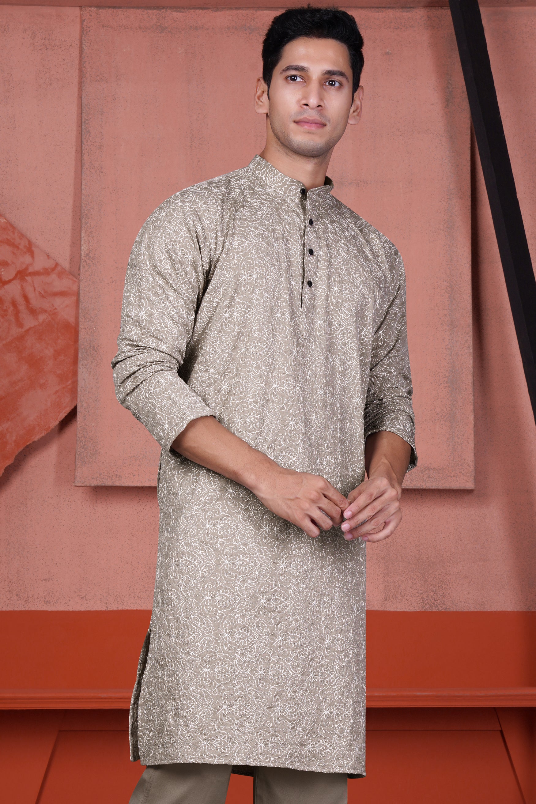 Dawn Brown Floral Cotton Thread Embroidered Viscose Designer Kurta