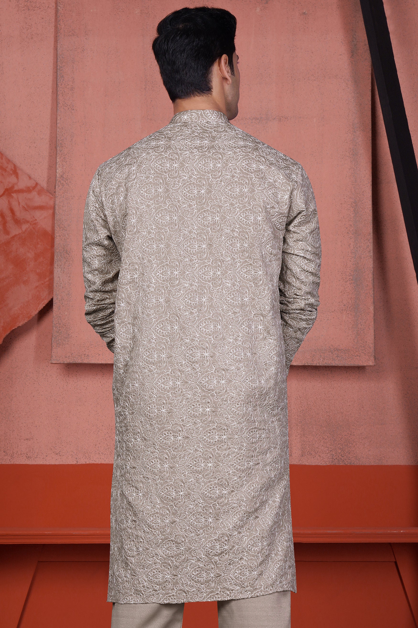 Dawn Brown Floral Cotton Thread Embroidered Viscose Designer Kurta