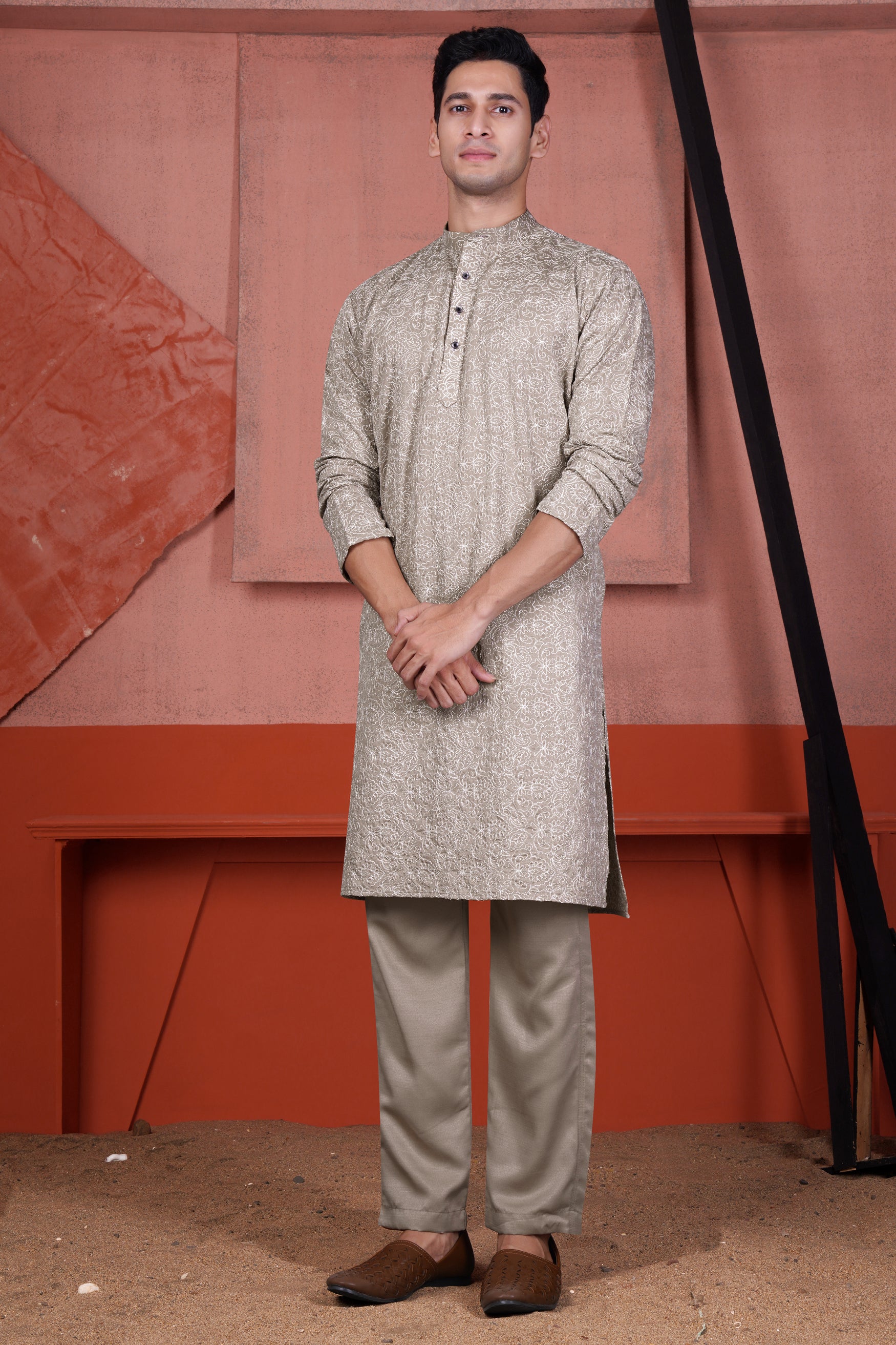 Dawn Brown Floral Cotton Thread Embroidered Viscose Designer Kurta