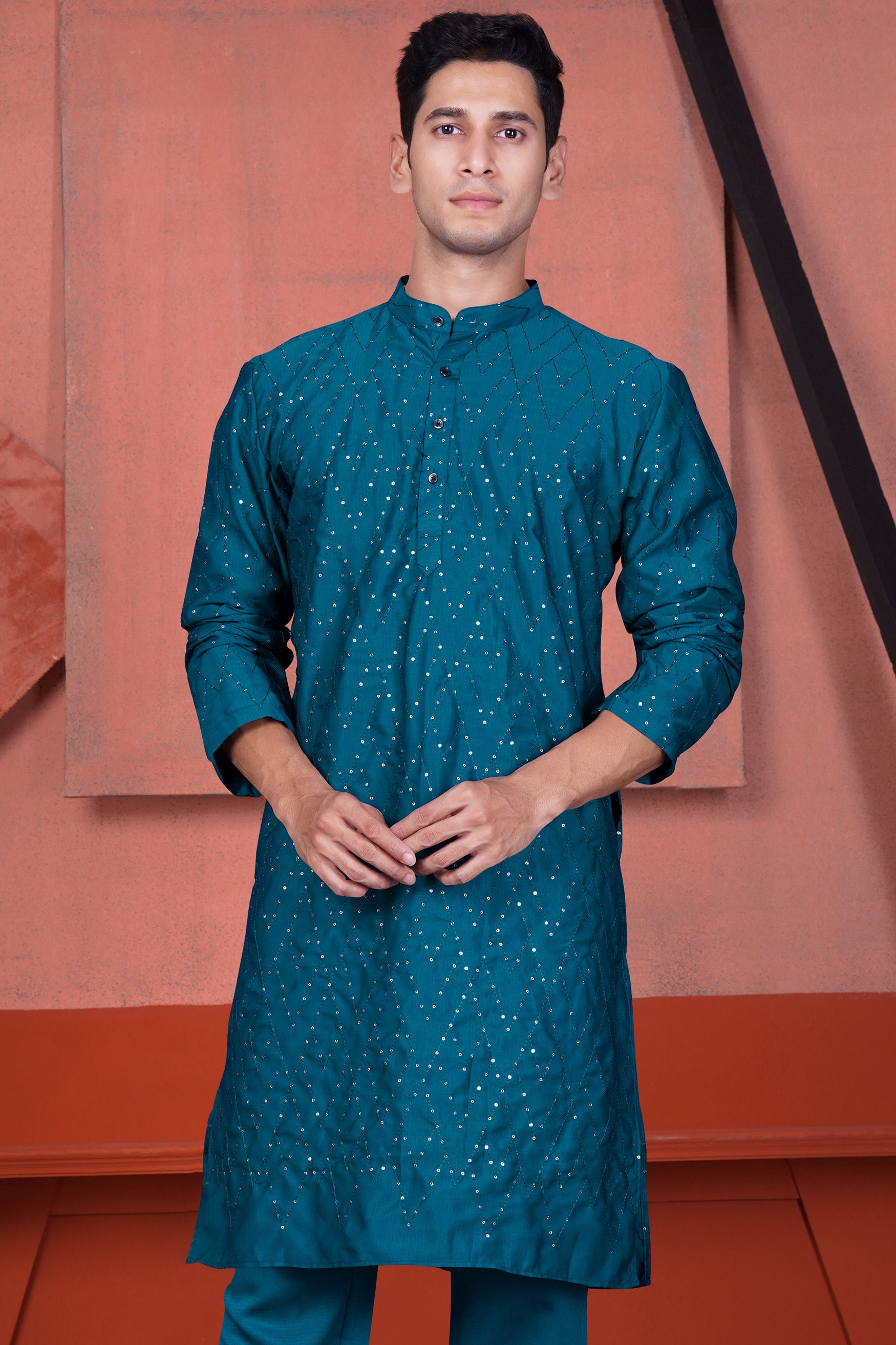 Venice Blue Embroidered Viscose Designer Tikki Work Kurta
