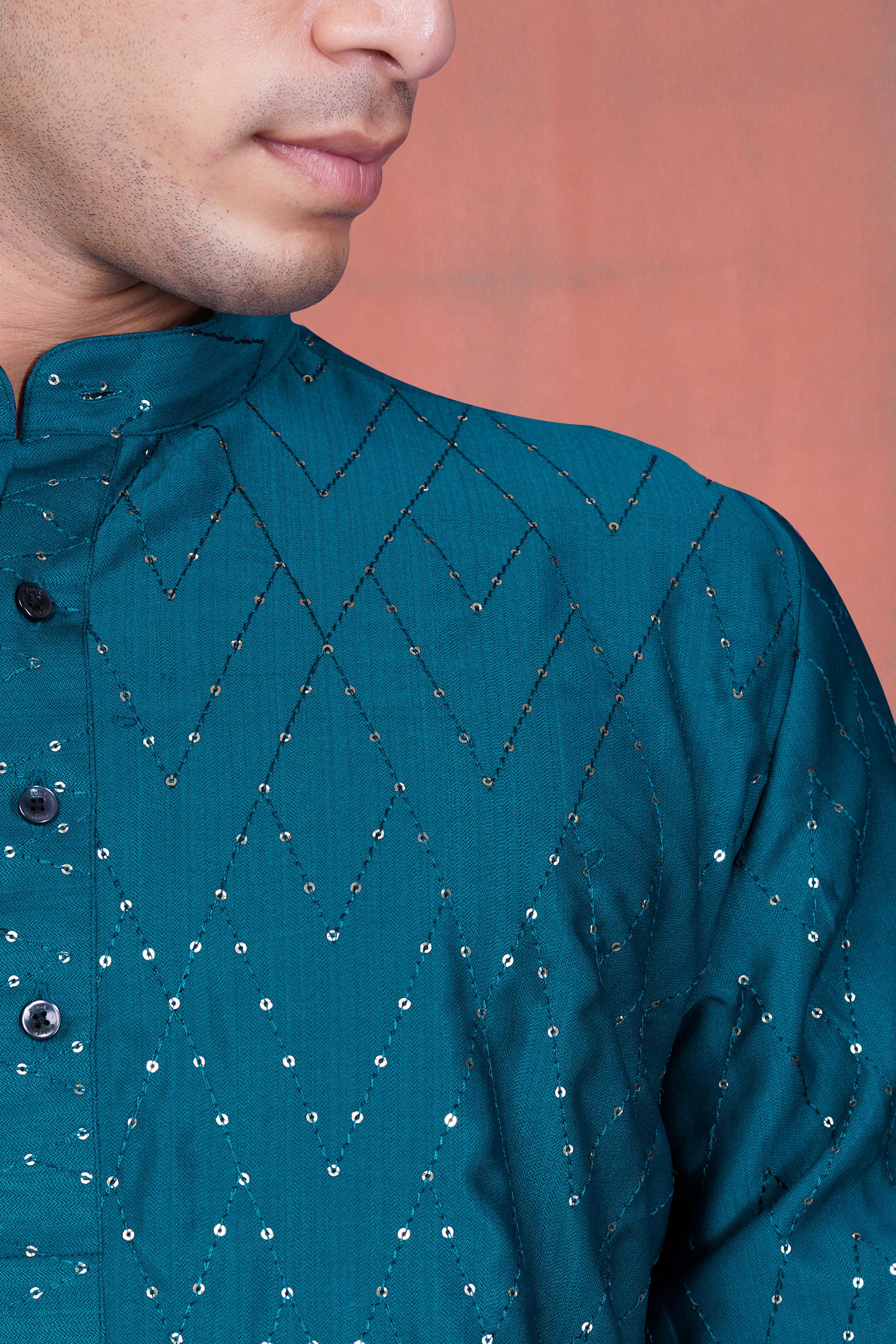 Venice Blue Embroidered Viscose Designer Tikki Work Kurta