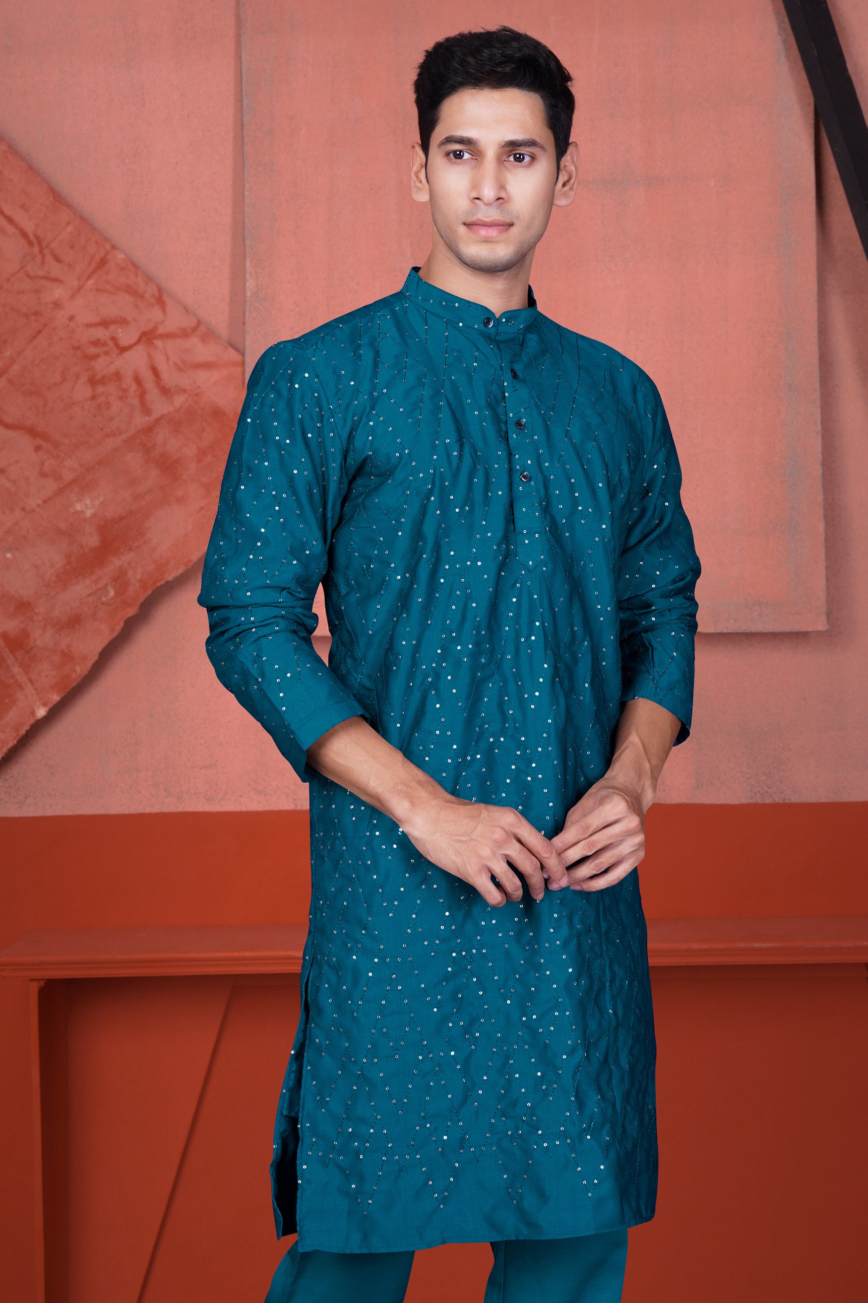 Venice Blue Embroidered Viscose Designer Tikki Work Kurta