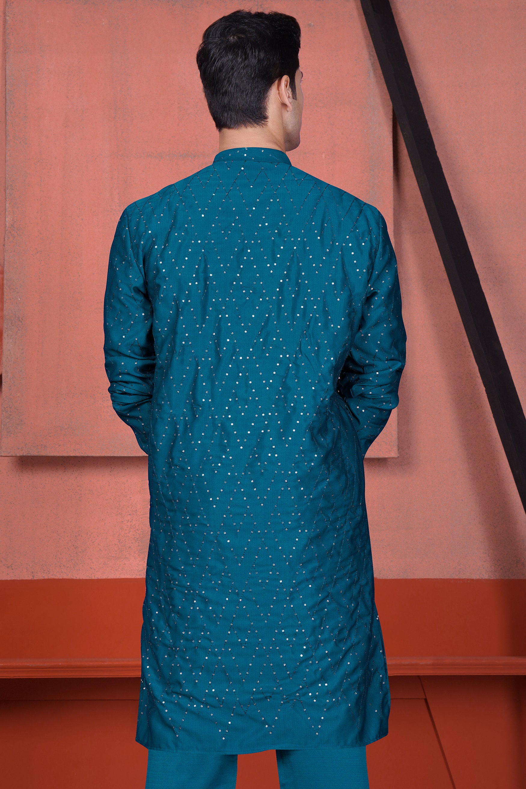 Venice Blue Embroidered Viscose Designer Tikki Work Kurta