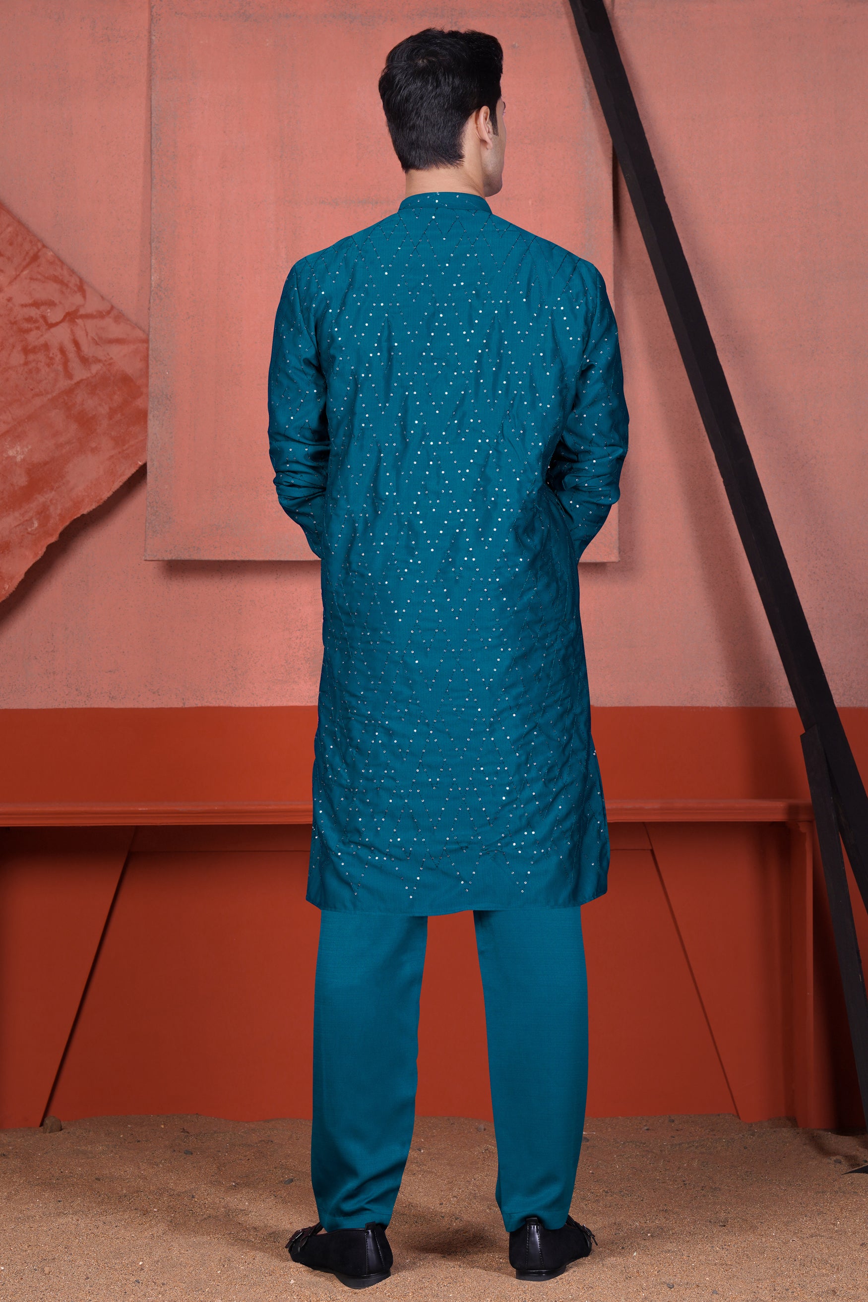 Venice Blue Embroidered Viscose Designer Tikki Work Kurta