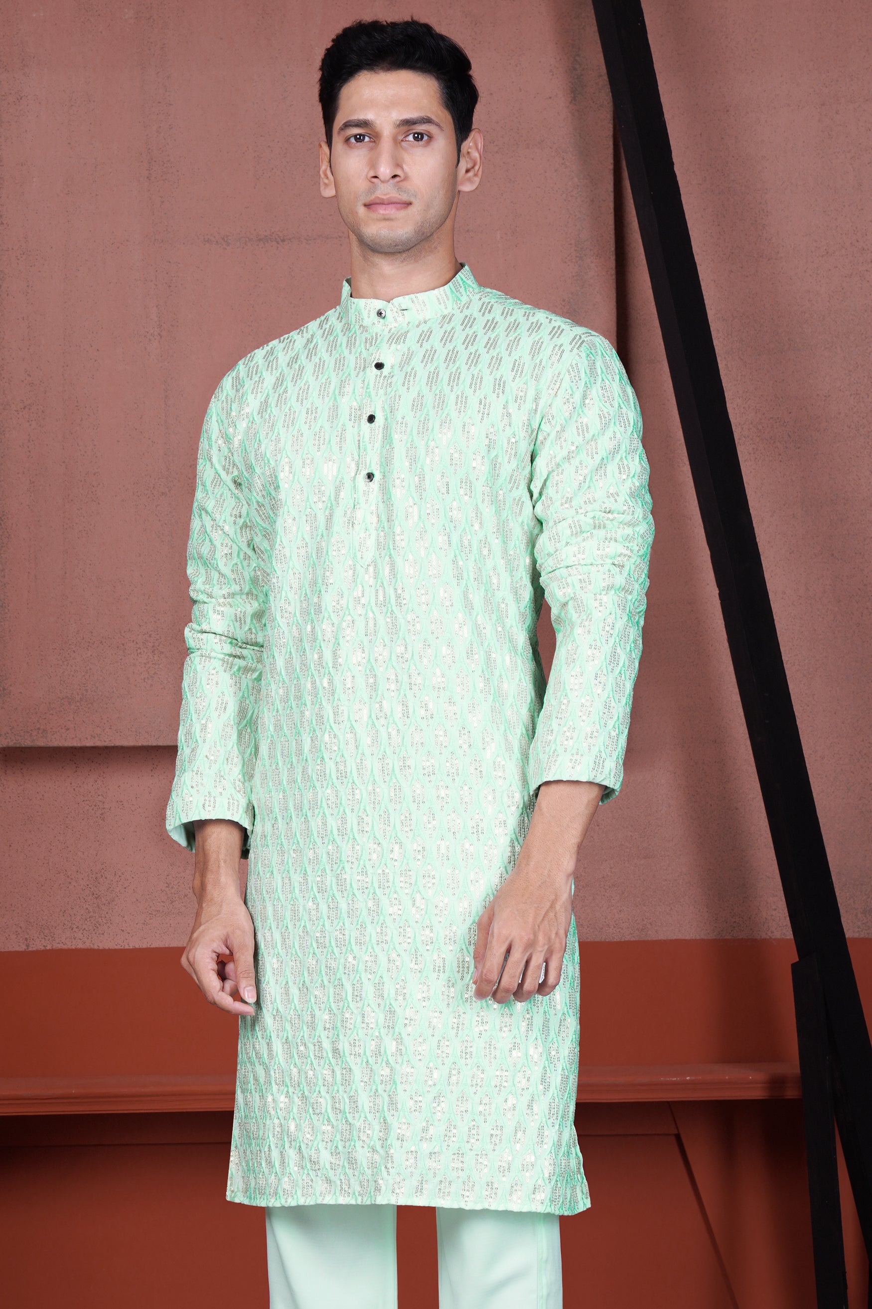 Edgewater Green Viscose Embroidered with Tikki Work Designer Kurta