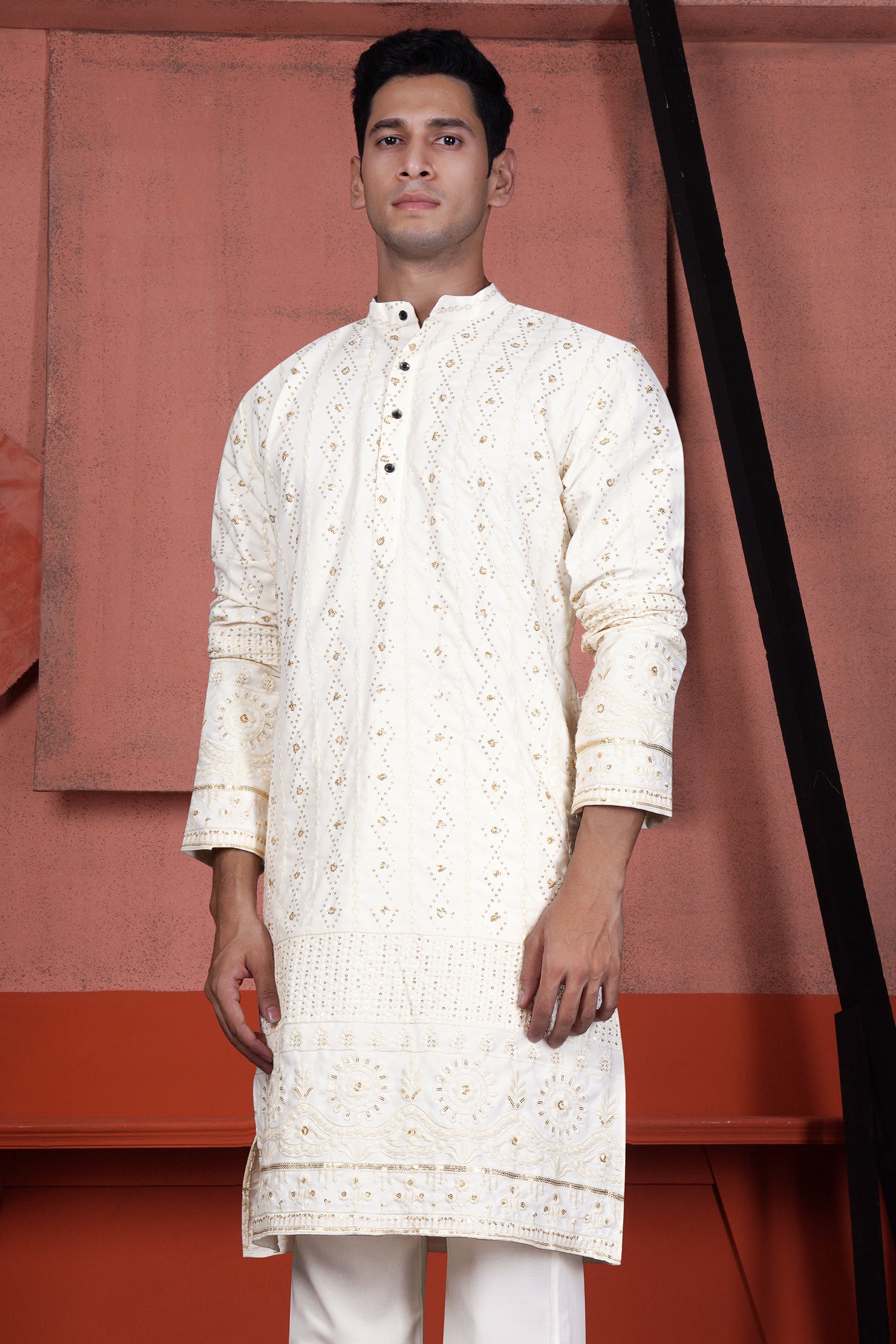 Ecru Cream Viscose Embroidered with Tikki Work Designer Kurta