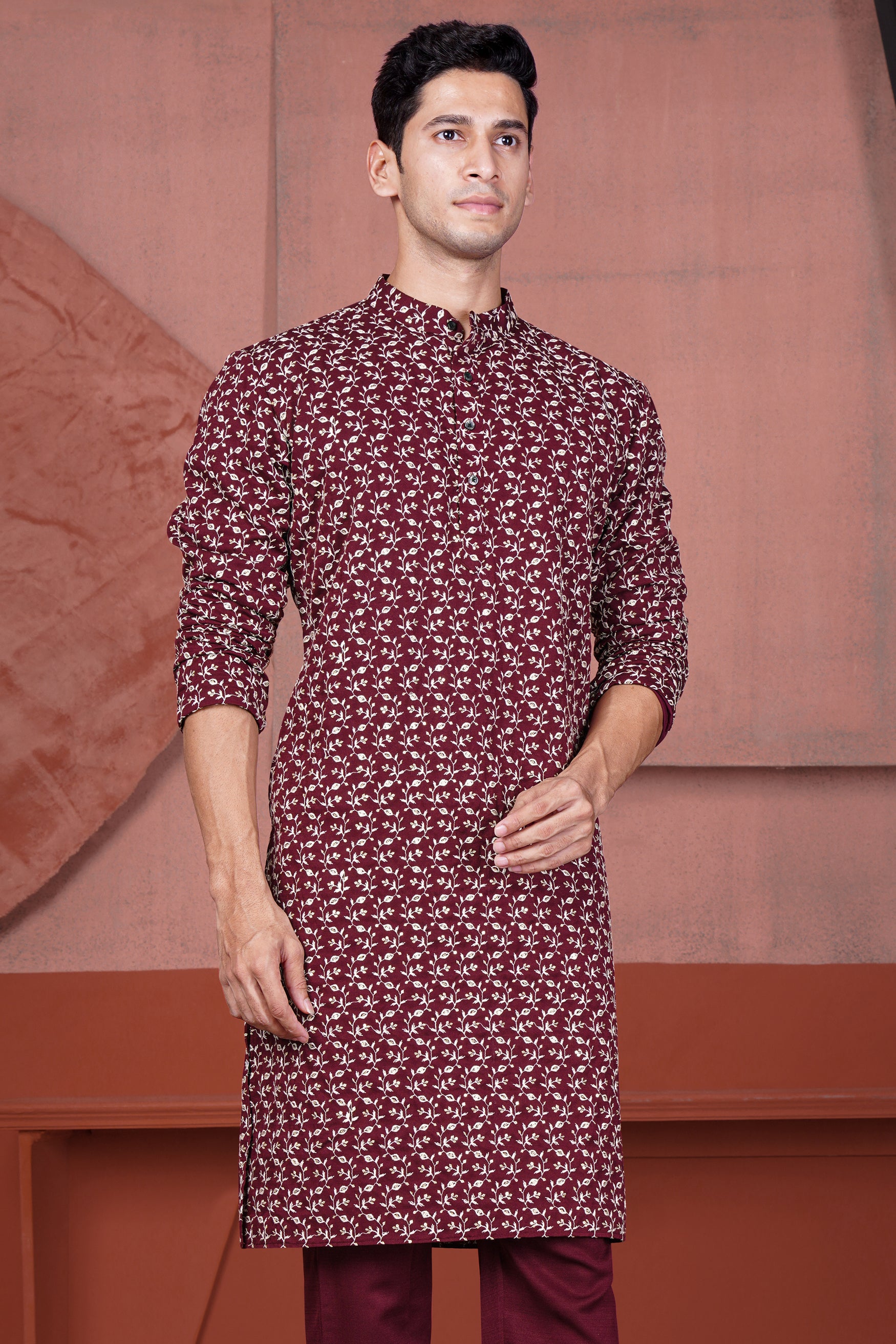 Mulberry Maroon Viscose Ditsy Embroidered With Tikki Work Designer Kurta