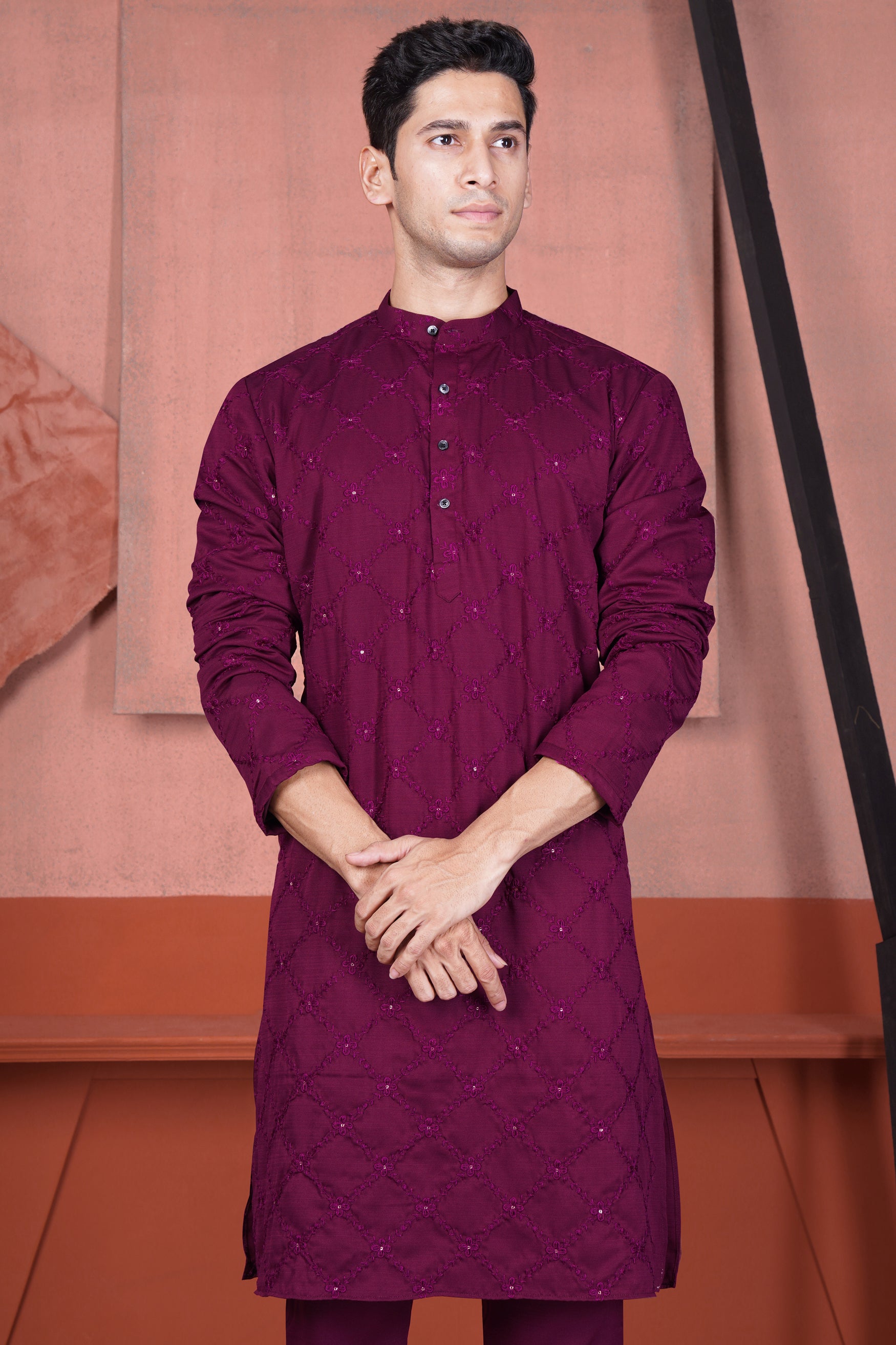 Bordeaux Wine Viscose Embroidered With Tikki Work Designer Kurta
