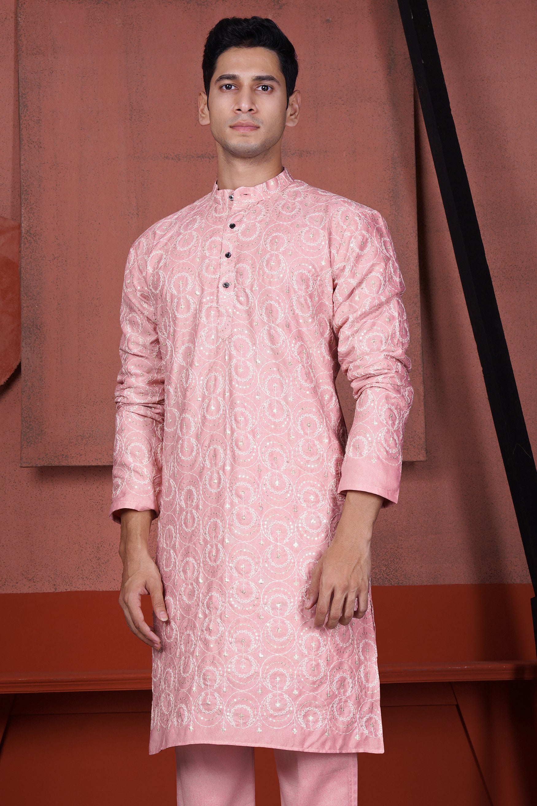 Careys Pink Circular Cotton Thread Embroidered Viscose Designer Kurta