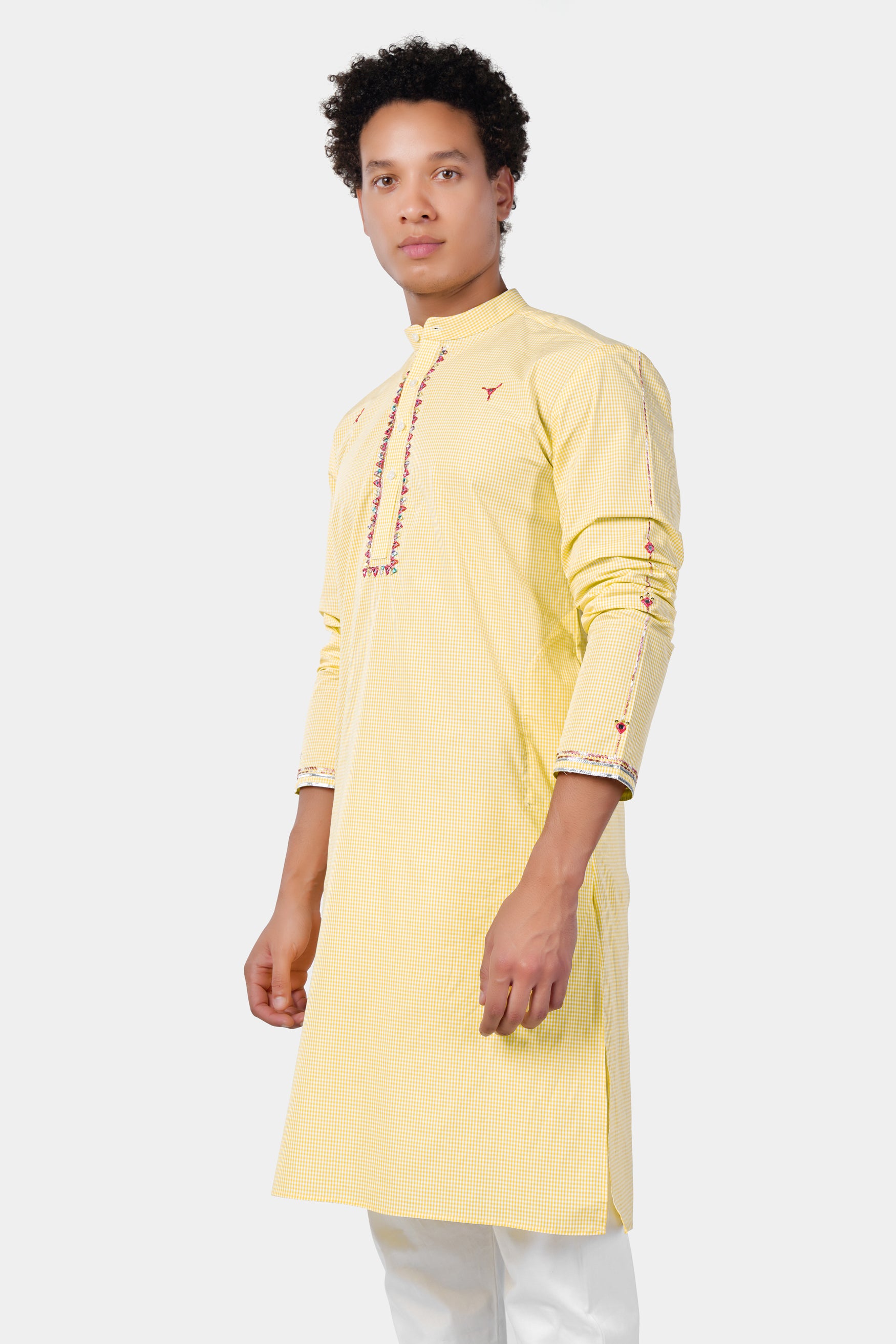 Brulee Yellow and White Gingham Checkered with Thread Embroidered and Mirror Work Premium Cotton Designer Kurta
