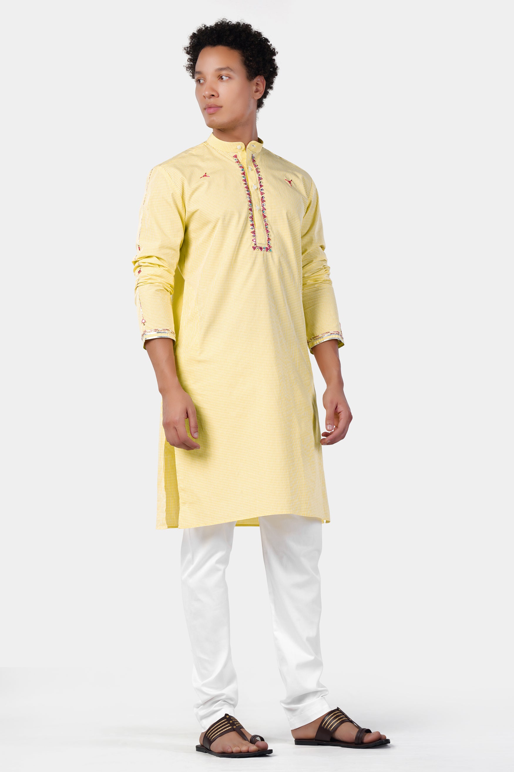 Brulee Yellow and White Gingham Checkered with Thread Embroidered and Mirror Work Premium Cotton Designer Kurta